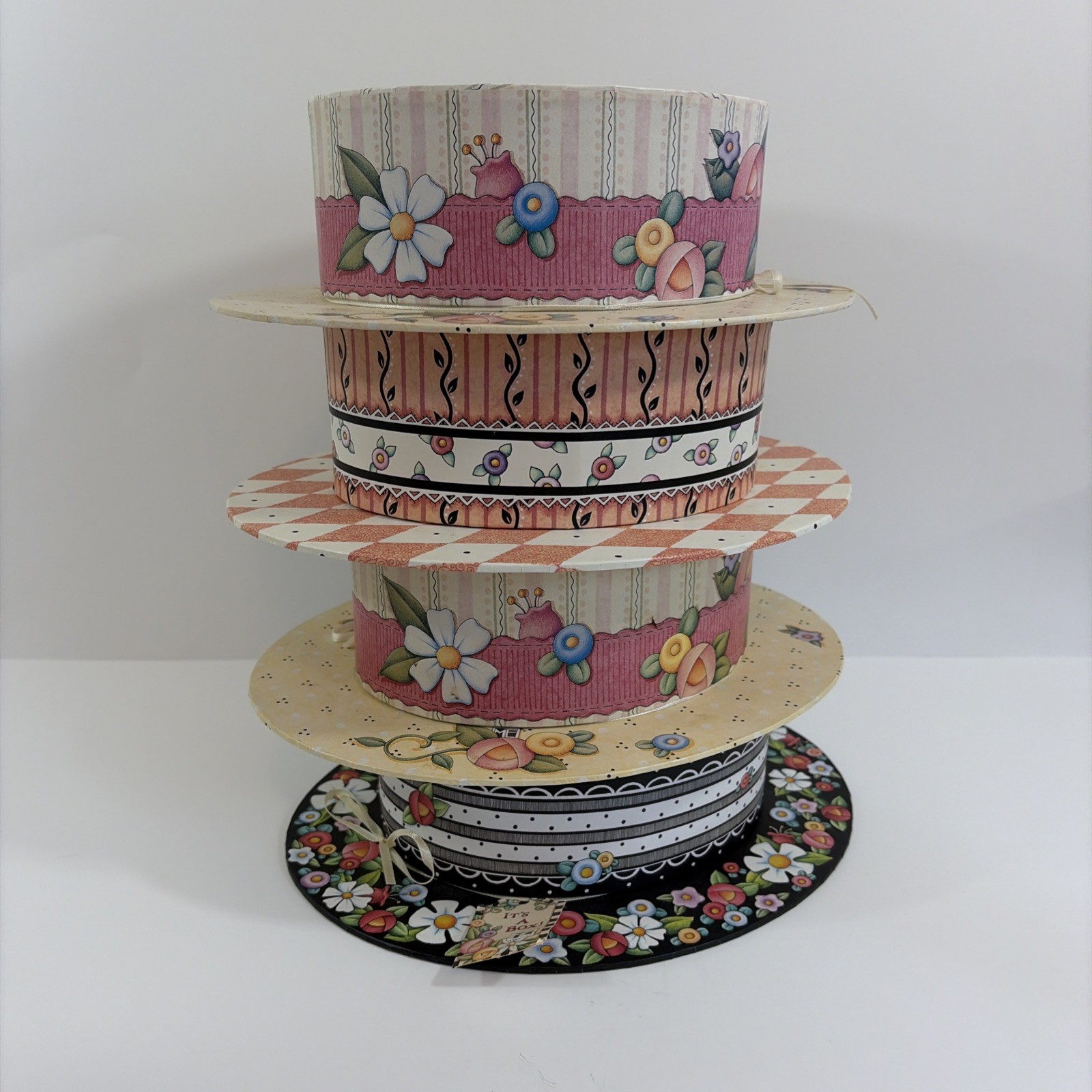 4 Vintage 1998 Mary Engelbreit Floral Polka Dot Hat Shaped Gift Storage Boxs 4 Vintage 1998 Mary Engelbreit Floral Polka Dot Hat Shaped Gift Storage Boxs