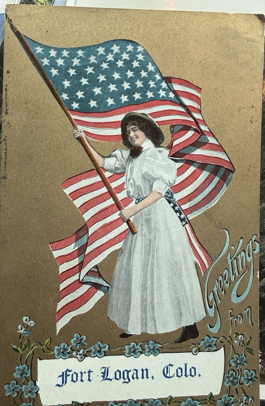 RARE VINTAGE PATRIOTIC POSTCARD US FLAG GREETINGS FROM FORT LOGAN COLORADO RARE VINTAGE PATRIOTIC POSTCARD US FLAG GREETINGS FROM FORT LOGAN COLORADO
