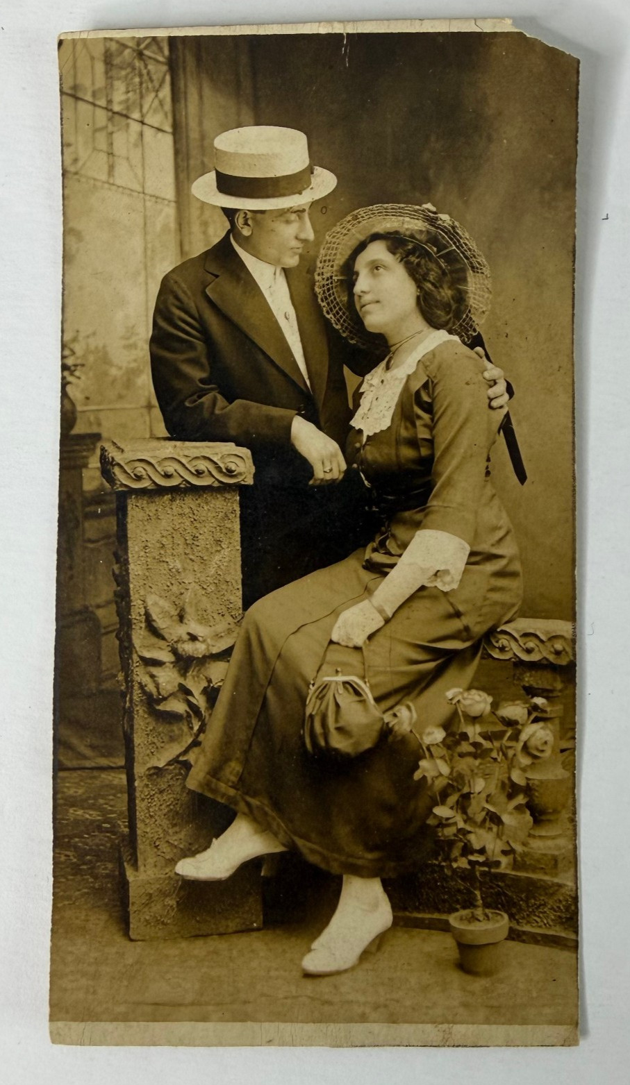 Antique 1910s Real Photo Postcard Edwardian Couple Straw Hats Coko Back RPPC OOA