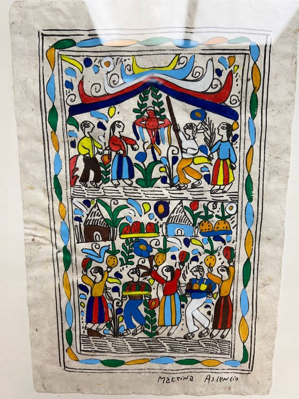 Mexican Amate Bark Paper Folk Art Painting- Framed - Signed by Marina Ascencio