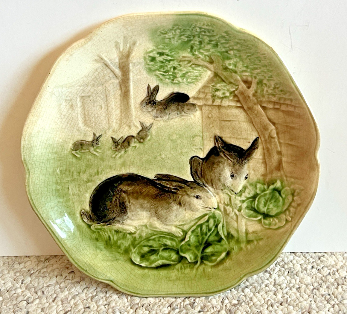 Antique Choisy Le Roi HB France Majolica Rabbit Bunny Cabbage Plate c1900 9\