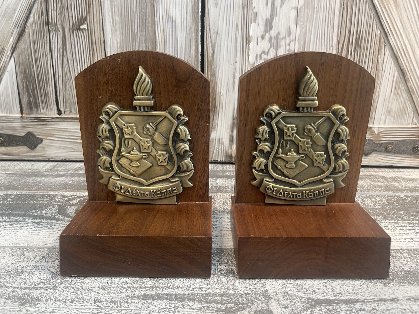 Vintage Phi Delta Kappa ΦΔΚ Wood & Brass Bookends Fraternity Book Ends Pair