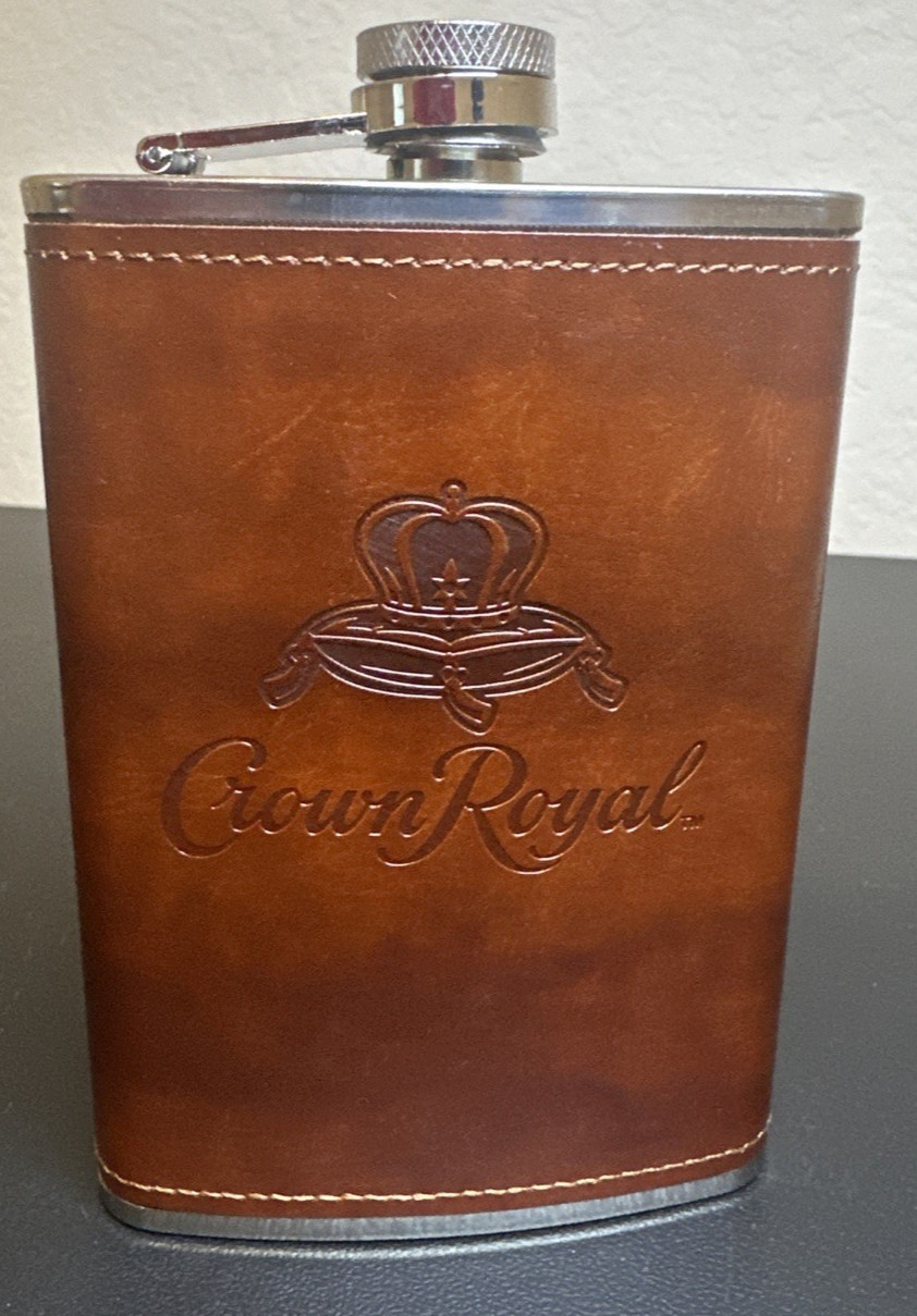 Crown Royal **NEW** Stainless Steel Leather Wrapped 8OZ Hip Flask-Approx. 6 Crown Royal **NEW** Stainless Steel Leather Wrapped 8OZ Hip Flask-Approx. 6