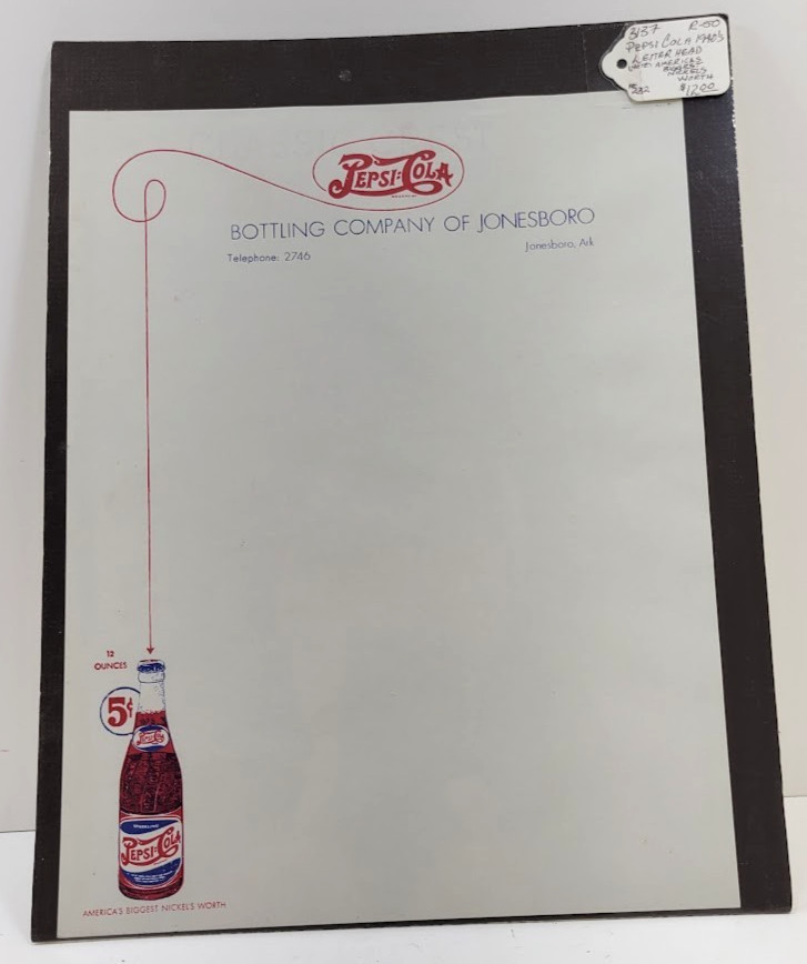Vintage unused 1940s Pepsi Cola Bottling Company of Jonesboro, Ark Letterhead