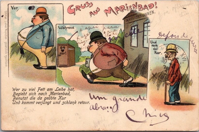Vintage 1900s GRUSS AUS MARIENBAD Germany Postcard Comic Greetings w/ Cancel