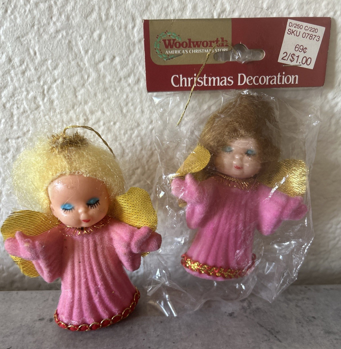 Vintage 2-NOS Christmas Ornament Pink Flocked Pixie Angel W/Golden Wings