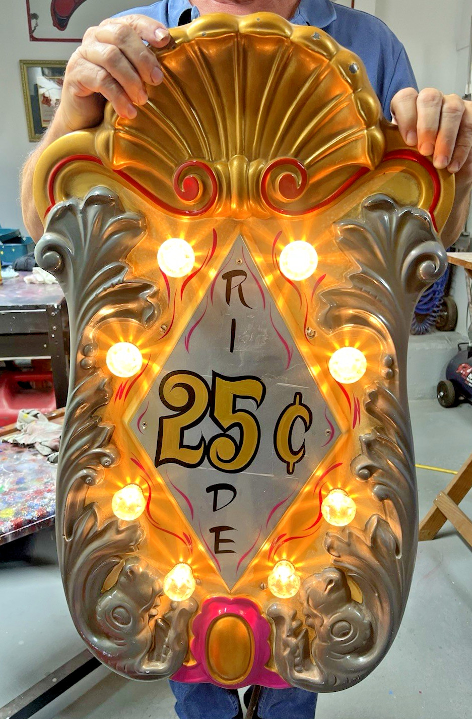 Vintage Carousel Mirror lighted 25 Cent Sign Circus Fair Carnival Park Decor Art