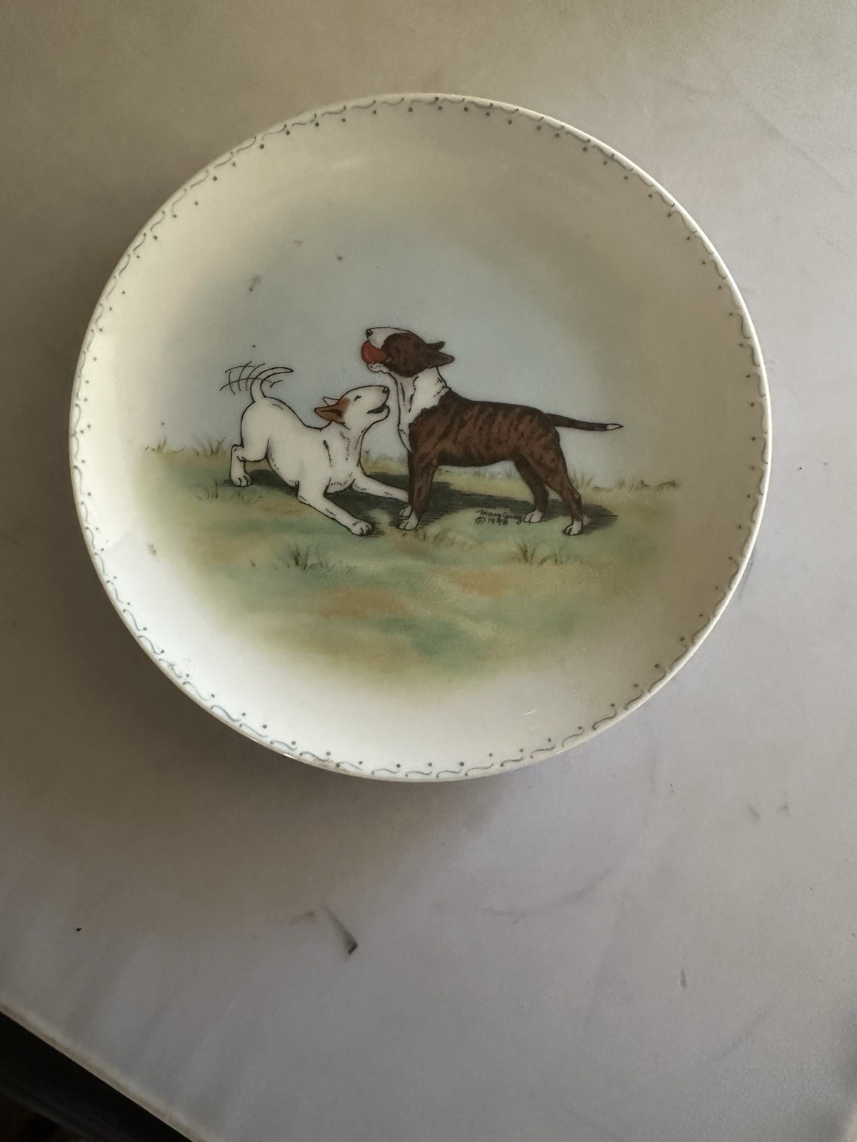 Vintage Mary Jung Bull Terrier Dog Plate Hand Painted & Signed 1983 Vintage Mary Jung Bull Terrier Dog Plate Hand Painted & Signed 1983