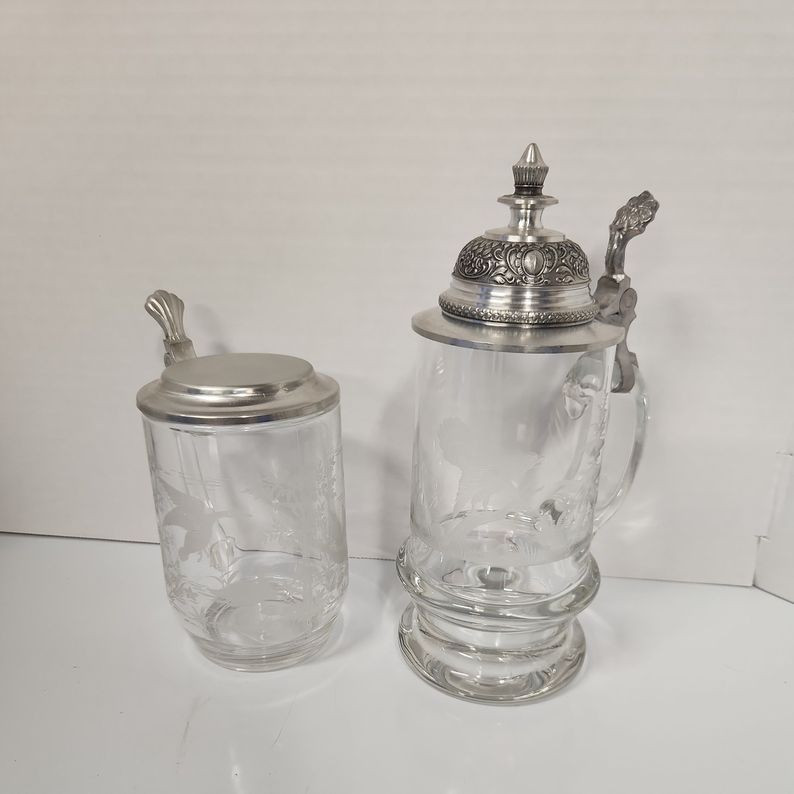 2 Antq Vtg German French Glass Etched Beer Stein Bierkrug lid bird hunt scene 2 Antq Vtg German French Glass Etched Beer Stein Bierkrug lid bird hunt scene