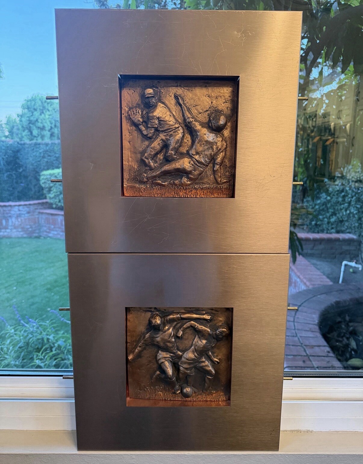 Vintage Mid-Century Modern Brutalist Mixed-Media Sports Wall Art Matching Pair