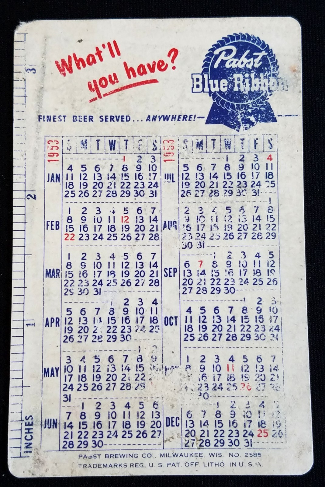 Vintage 1954 Pabst Blue Ribbon Beer Advertising Pocket Calendar