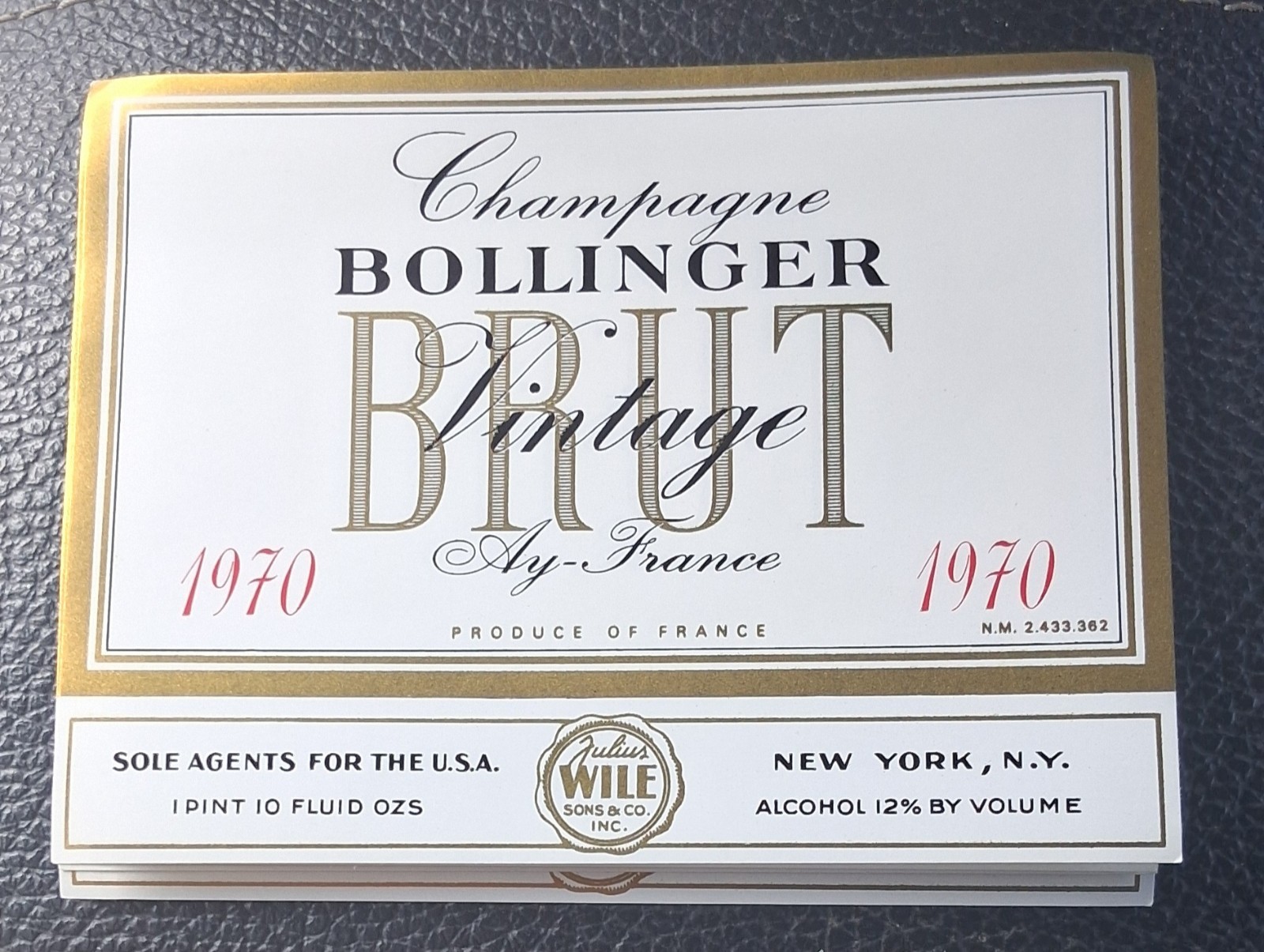 Vintage 1970 Orginal Unused Bollinger Brut Champagne Label