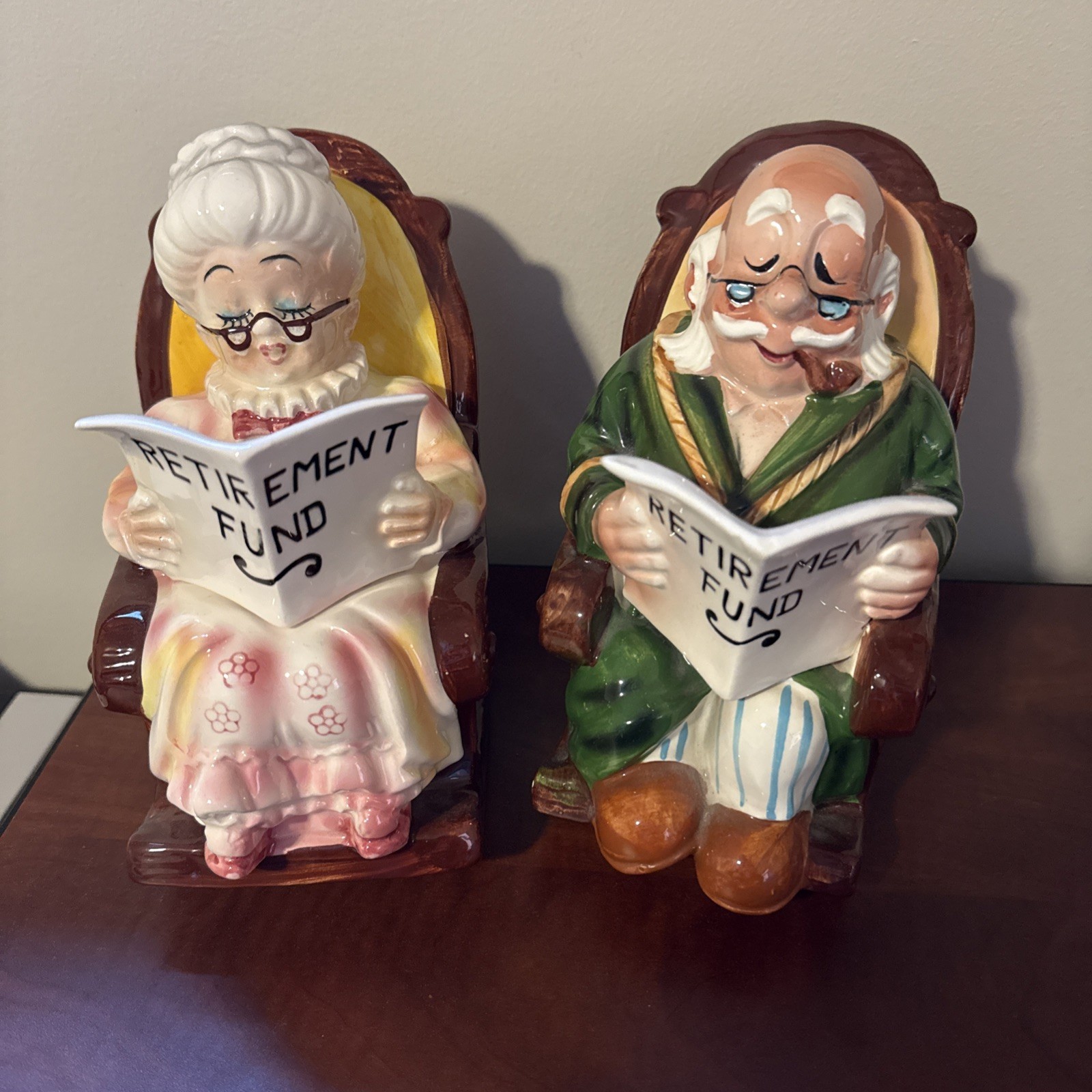 Vintage Lefton Grandpa & Grandma Rocking Chair Retirement Fund Piggy Banks Set