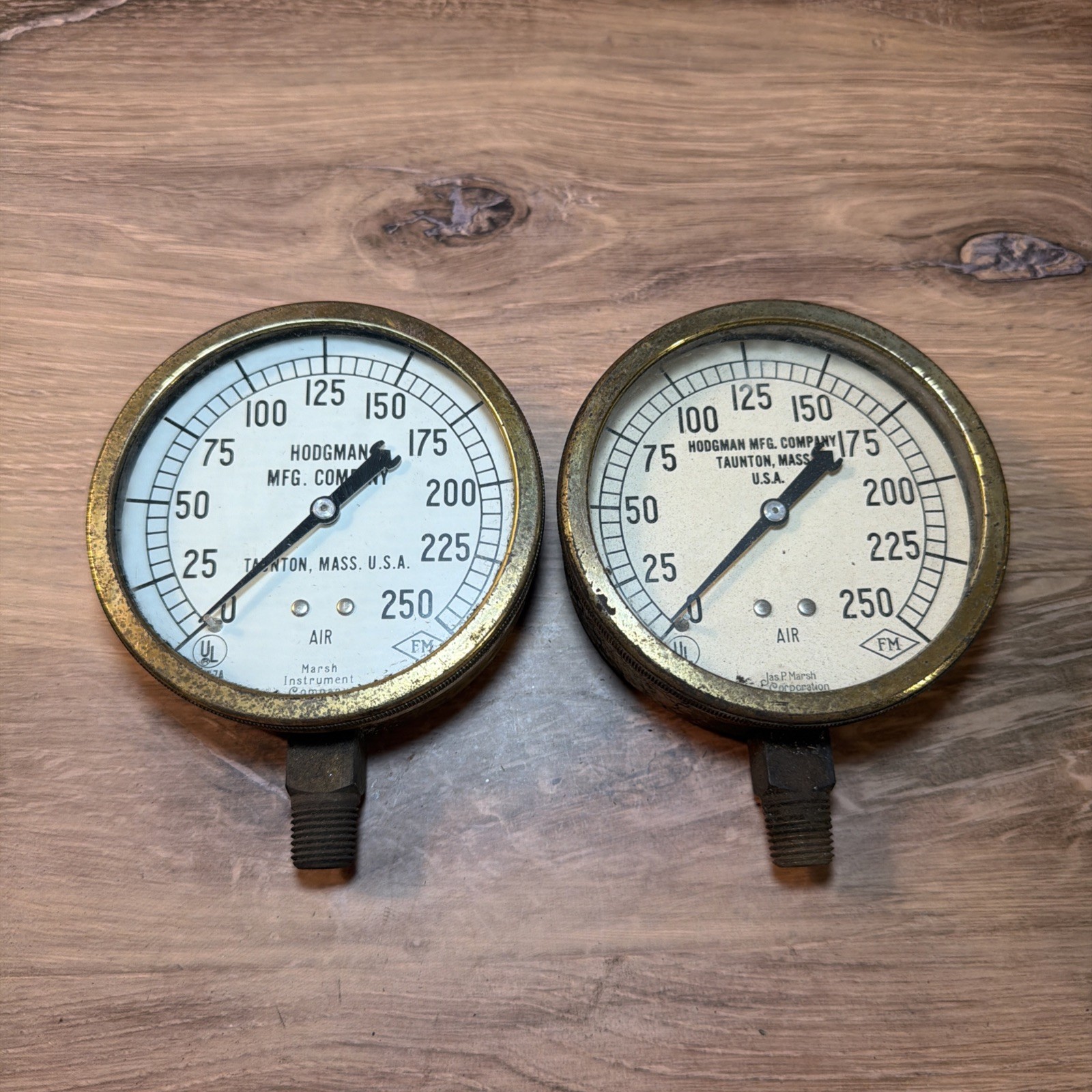 Pair Vintage Hodgman Fire Sprinkler Air Pressure Gauges Marsh 250 PSI Brass