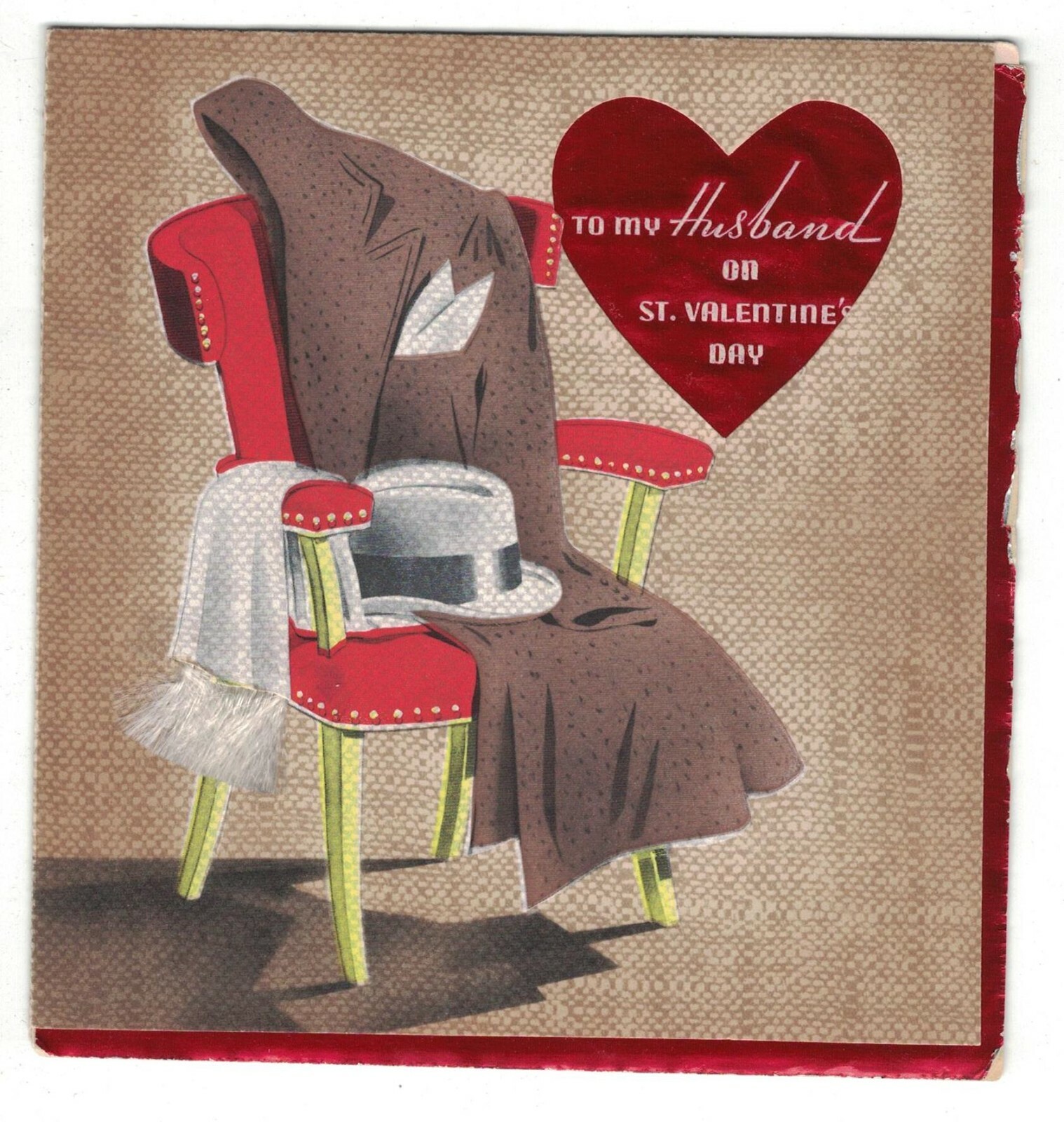 VTG MC RUST CRAFT TO MY HUSBAND VALENTINE CARD RED CHAIR HAT COAT SCRAF
