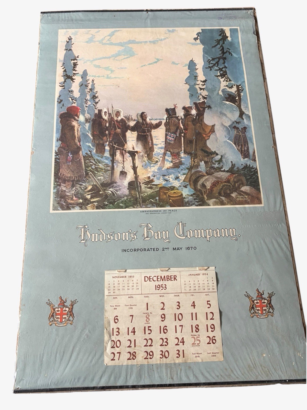 💥Vintage 1953 Hudson’s Bay Company Calendar Franklin Arbuckle Fur Trade Art🔥