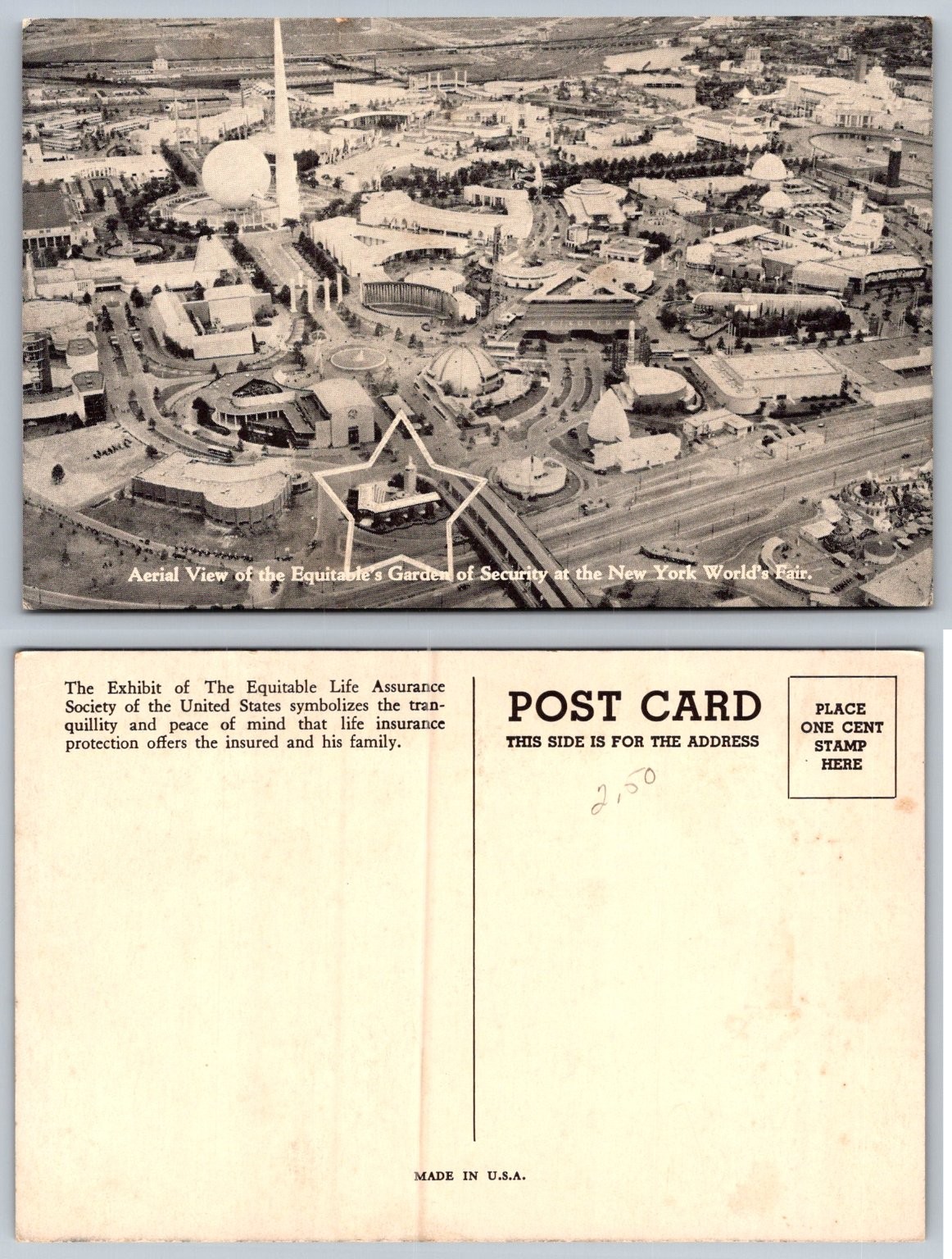 1939-40 NY World\'s Fair Equitable Garden of Security Aerial View Postcard 1939-40 NY World\'s Fair Equitable Garden of Security Aerial View Postcard