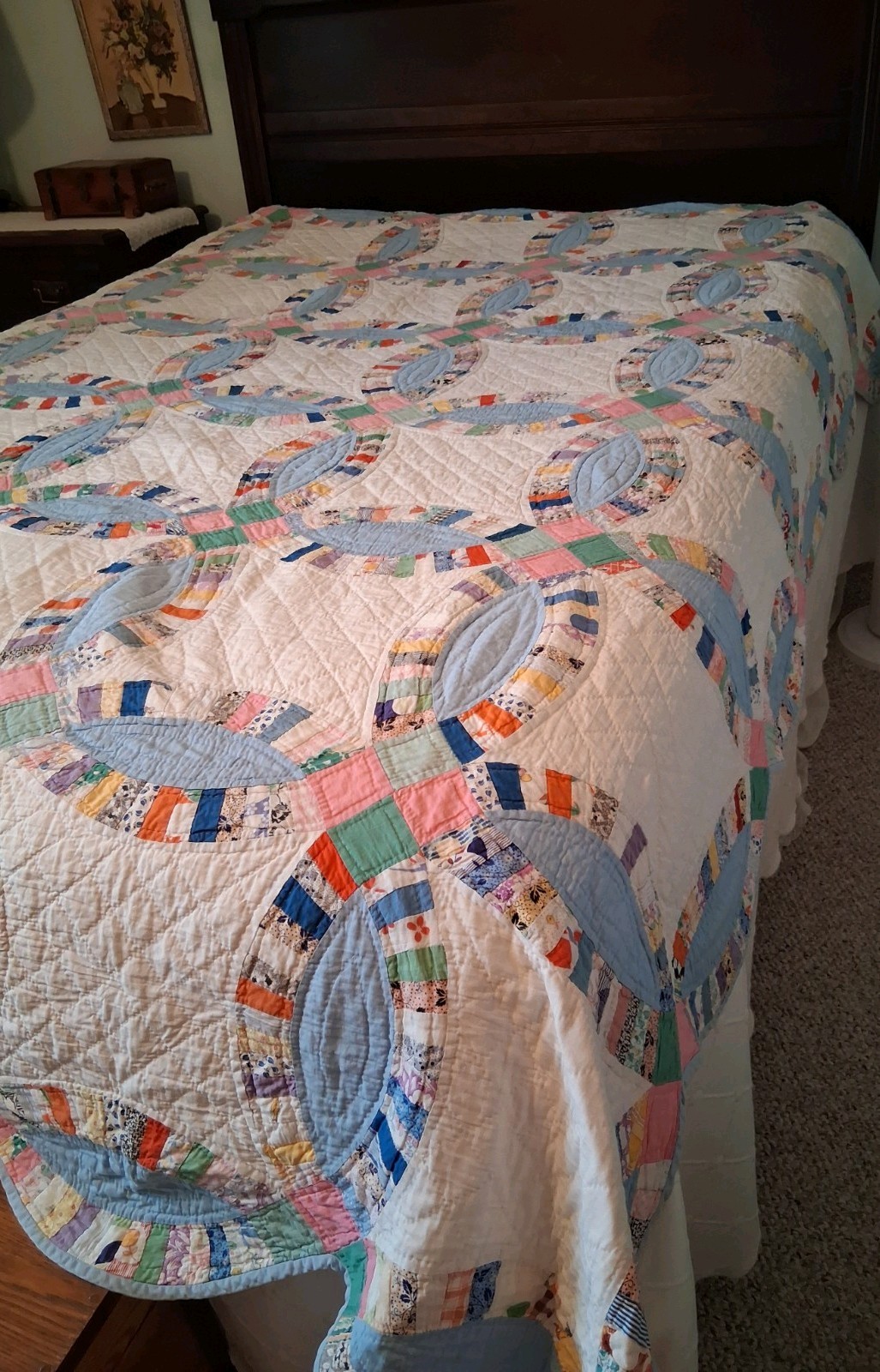 Antique Pristine Feed Sack Double Wedding Ring Quilt Hand Stitched Scalloped Antique Pristine Feed Sack Double Wedding Ring Quilt Hand Stitched Scalloped
