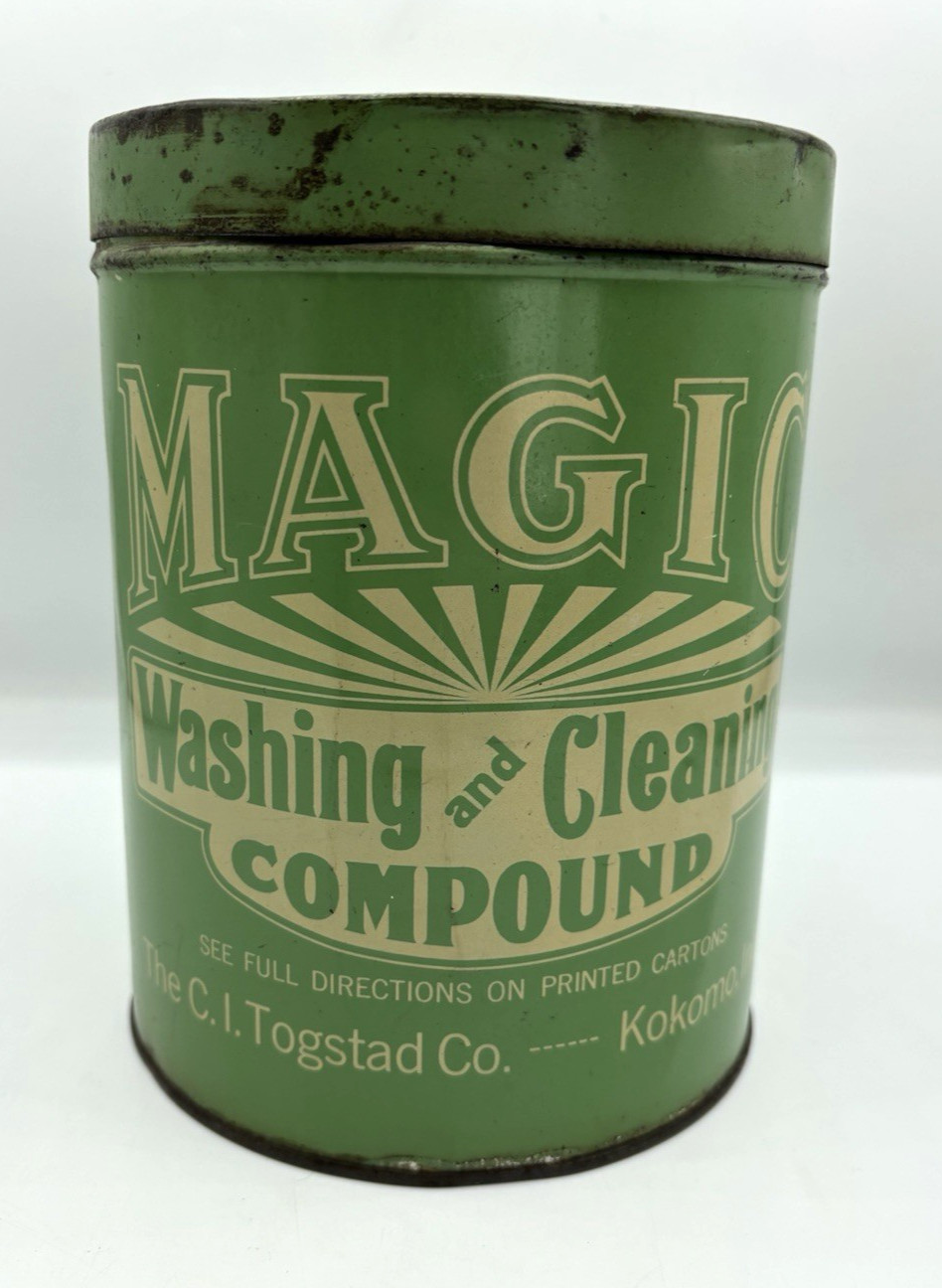 Vintage Tin MAGIC Washing & Cleaning Compound  GREEN Litho Container 30's-40's