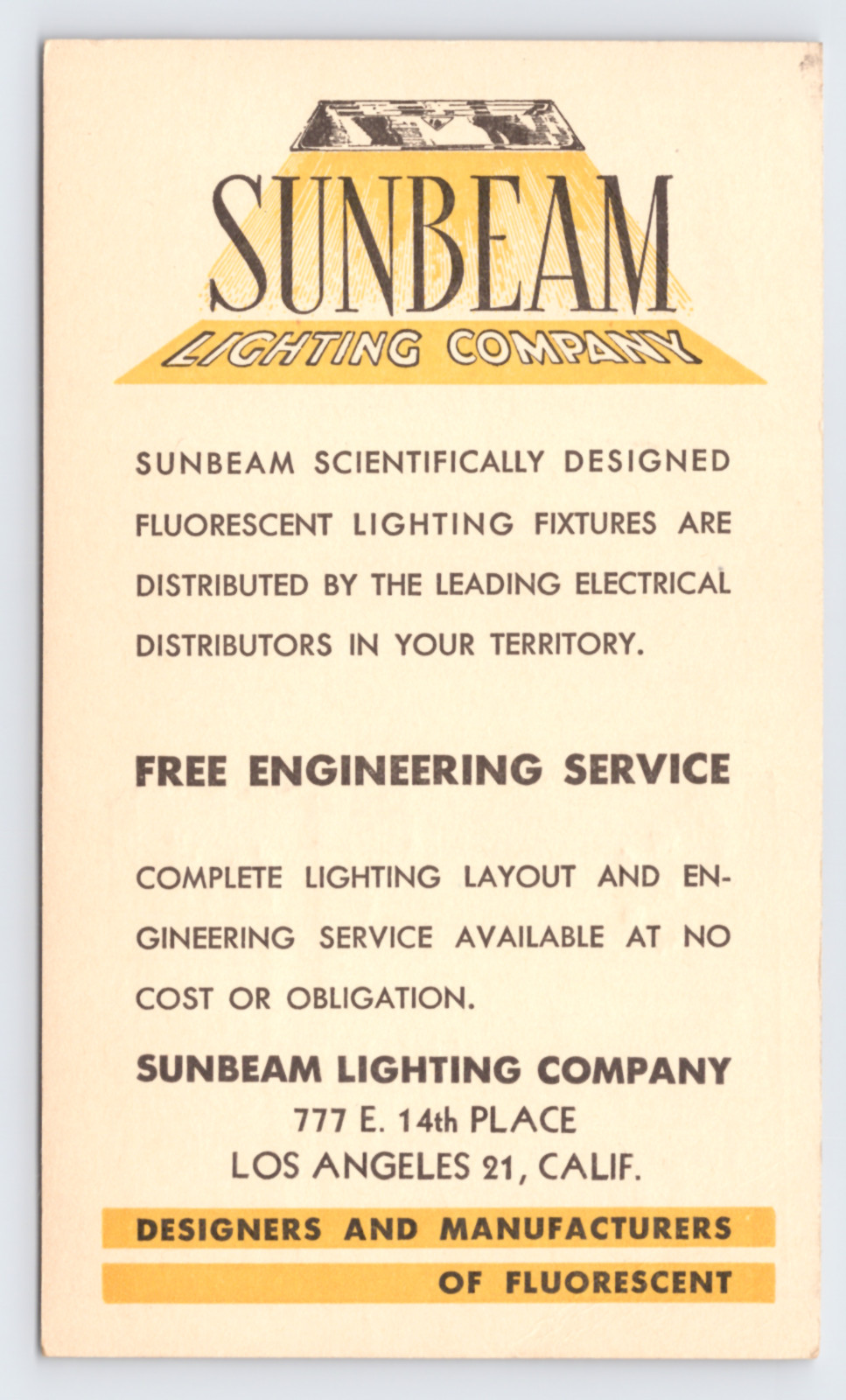 c1951 Sunbeam Lighting Company Los Angeles CA Postal Car Fluorescent Lighting Ad