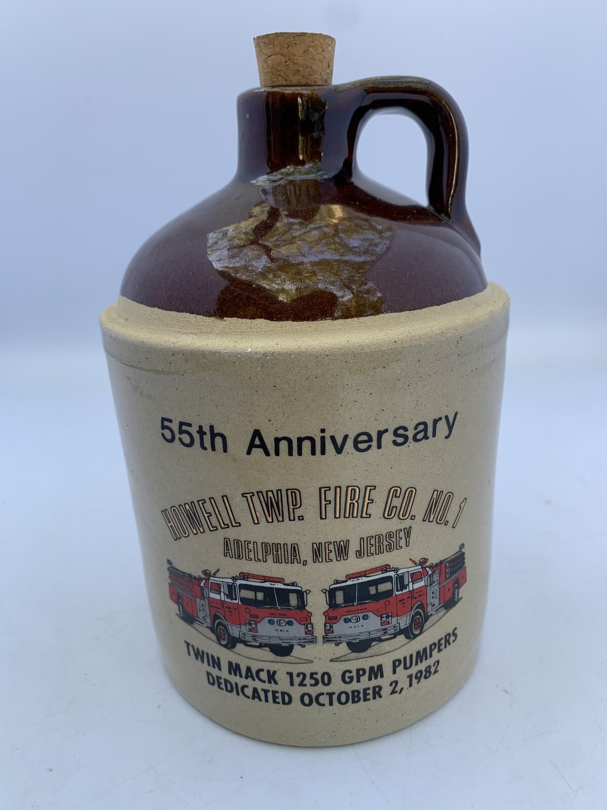 Vintage Small Stoneware Jug Howell Twp Fire Co No 1 Adelphia NJ 1982 55th anniv