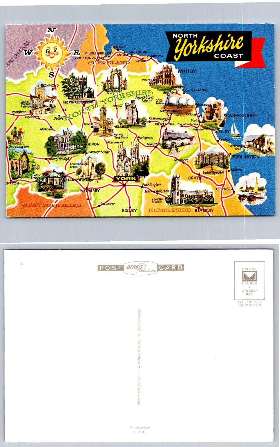 Vintage North Yorkshire Coast Map Postcard UK Whitby Scarborough York Vintage North Yorkshire Coast Map Postcard UK Whitby Scarborough York