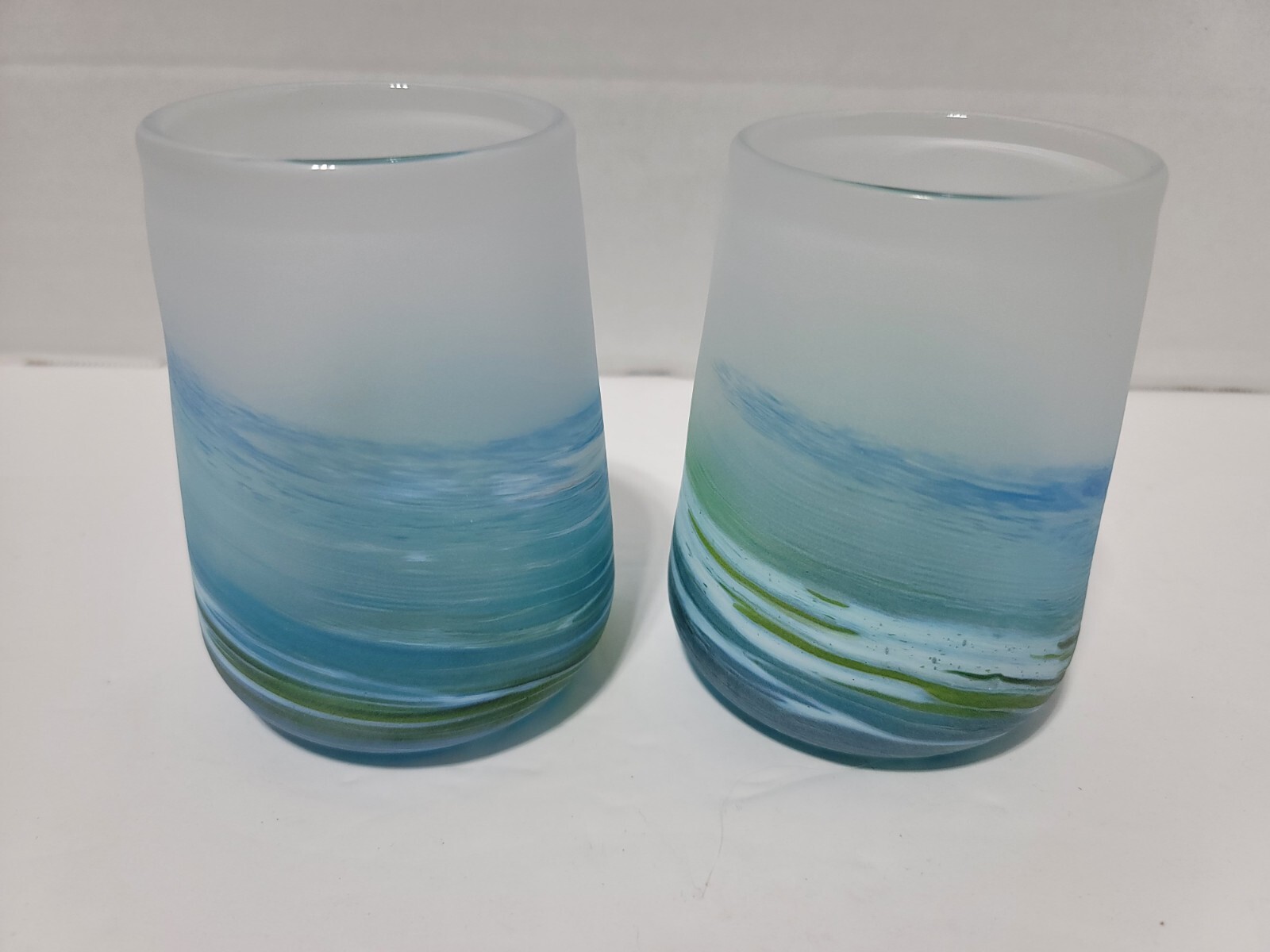 Teign Valley Glass Studios Sea Spray Wine Glass Cup Set New Hand Made Art Glass 
