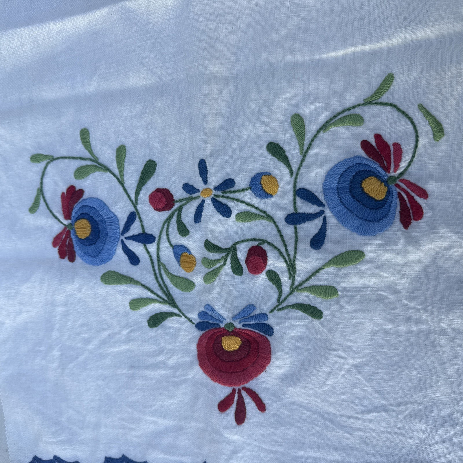 Vintage Hand Embroidered Polish Folk Art Tea Towel Hand, Embroidered Floral Blue