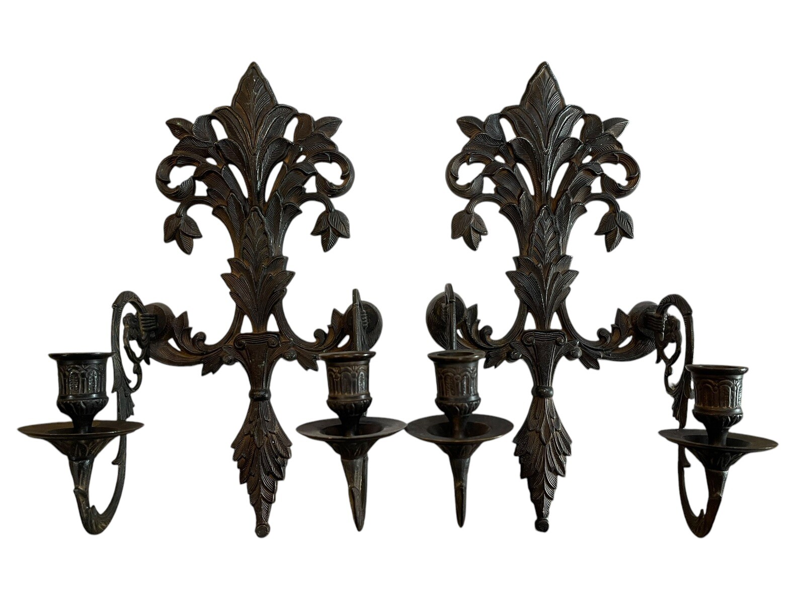 Cast Iron Ornate Gothic Double Wall Sconces Candle Holder *PAIR* *RARE* Cast Iron Ornate Gothic Double Wall Sconces Candle Holder *PAIR* *RARE*