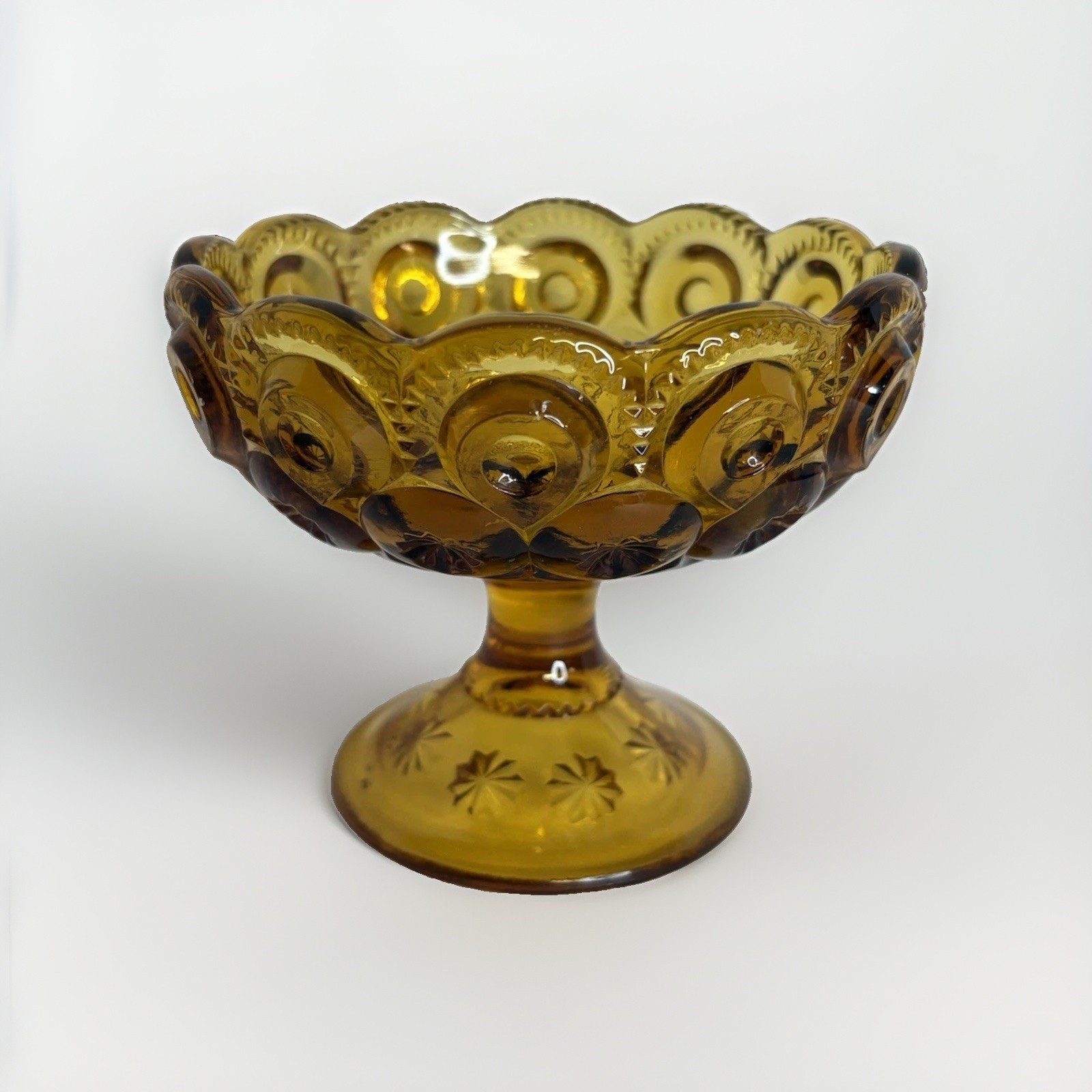L.E Smith Moon & Stars Amber 4” Pedestal Compote / Candle / Candy Dish Vintage