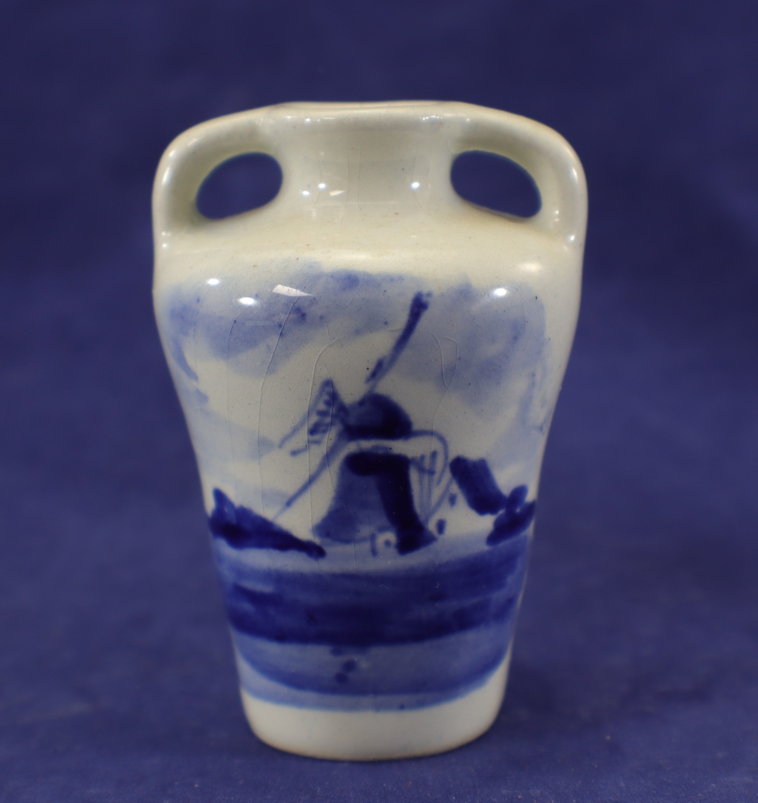 Delft 2-Handle VASE Windmill Blue & White Doll House Souvenir Holland Vintage