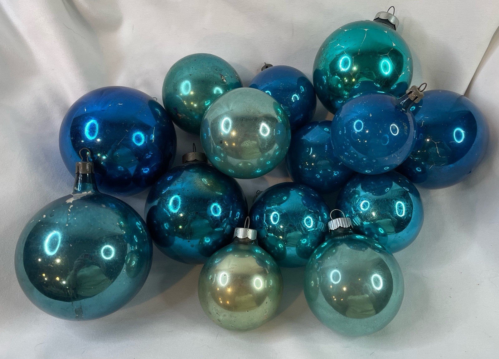 Mixed Lot 14 Vintage USA & Poland Blue Glass Ball Christmas Ornaments