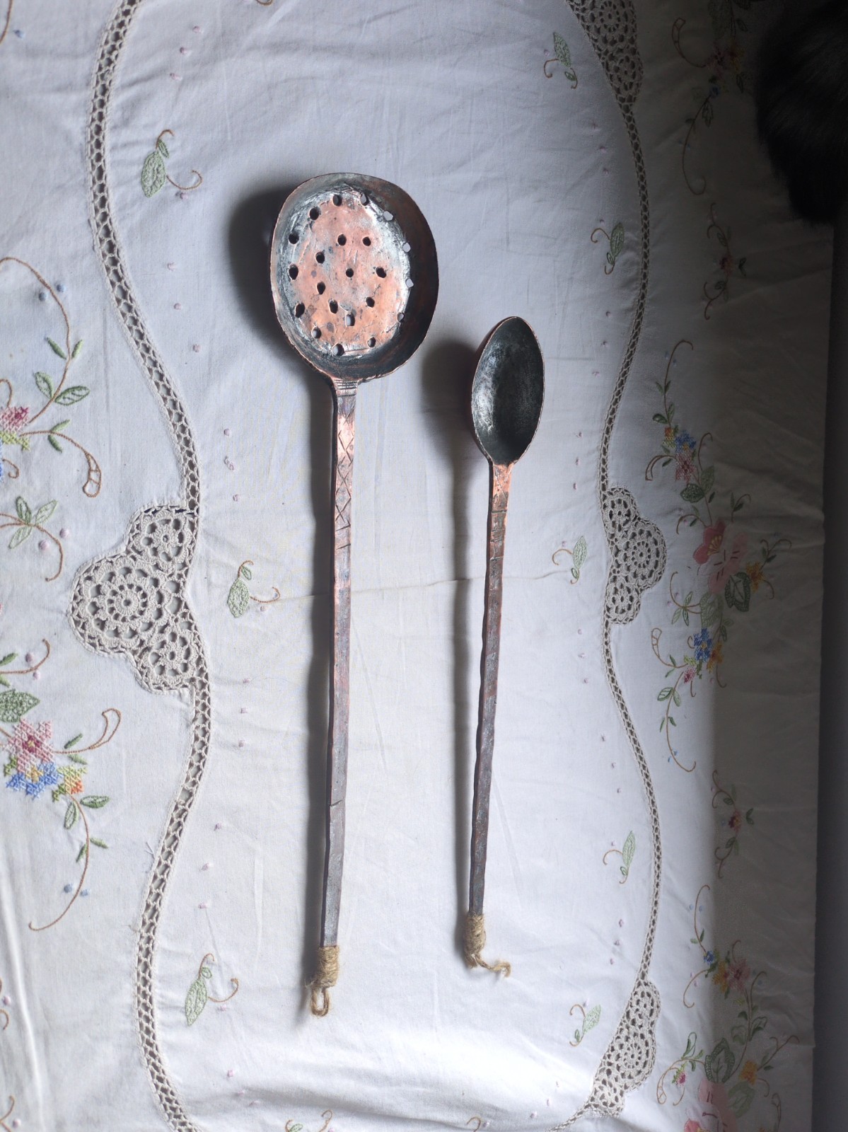 Antique Middle Eastern Handmade Hammered Copper Utensils Ladle And Strainer Antique Middle Eastern Handmade Hammered Copper Utensils Ladle And Strainer