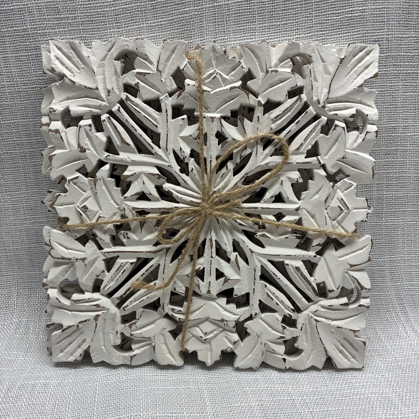2 Handcrafted Carved White Wooden Trivet 7 3/4” Coastal Cottagecore Farmhouse