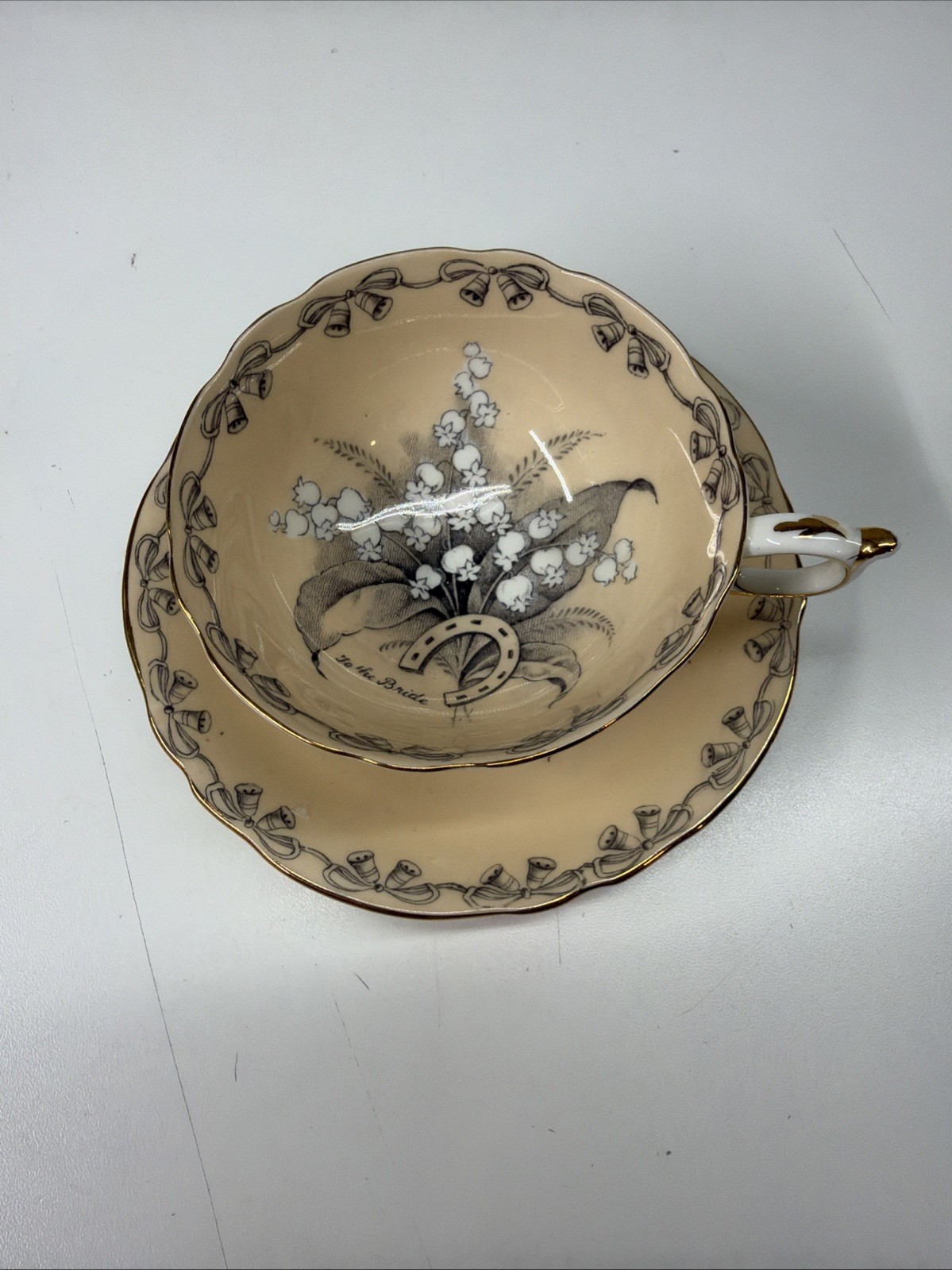 Vtg PARAGON Teacup and Saucer TO THE BRIDE Horseshoe Lily of Valley