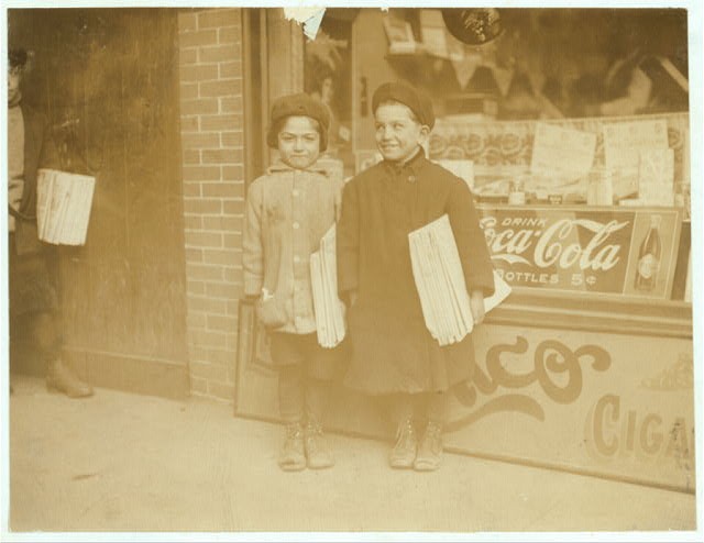 Newark New Jersey 1912 Tom and Jerry schoolboys with newspapers Coca Cola sign