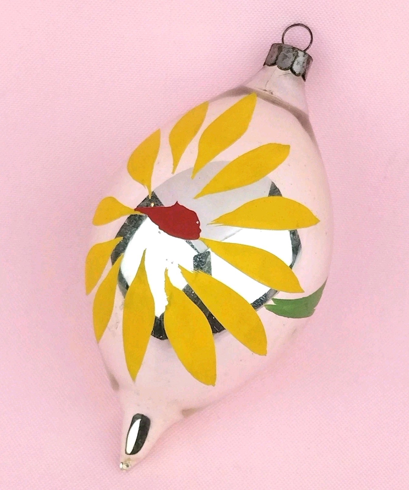 Vtg Heim Teardrop Hand Painted Yellow Red Floral Lemon Drop US of A Silver 4.25