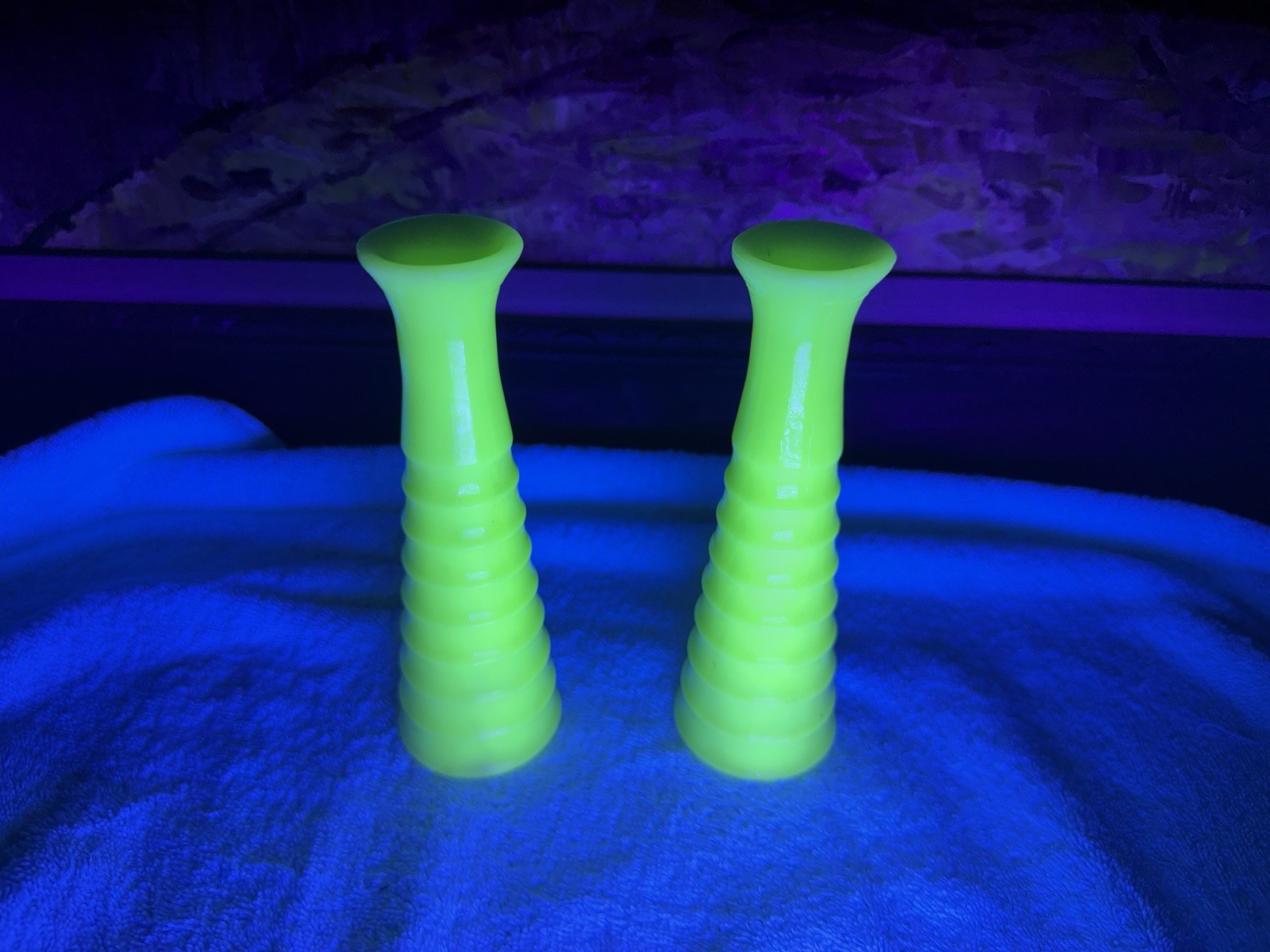 (2) Candle Vaseline Topaz Opalescent Hobnail Uranium Cruet Glow Black Light