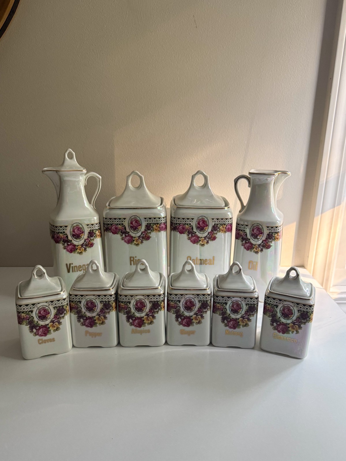 Vintage White Opalescent Luster Ware Porcelain 10 Piece Floral Kitchen Canister