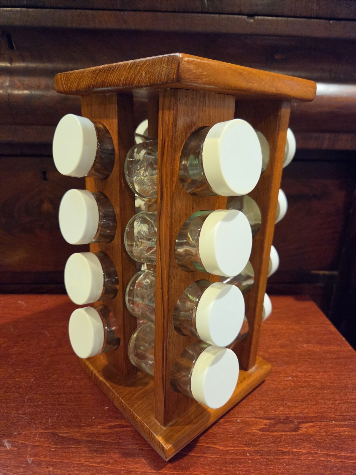 Vintage Kamenstein Teak Wood Rotating Spice Rack 16 Jar Lazy Susan MCM Taiwan