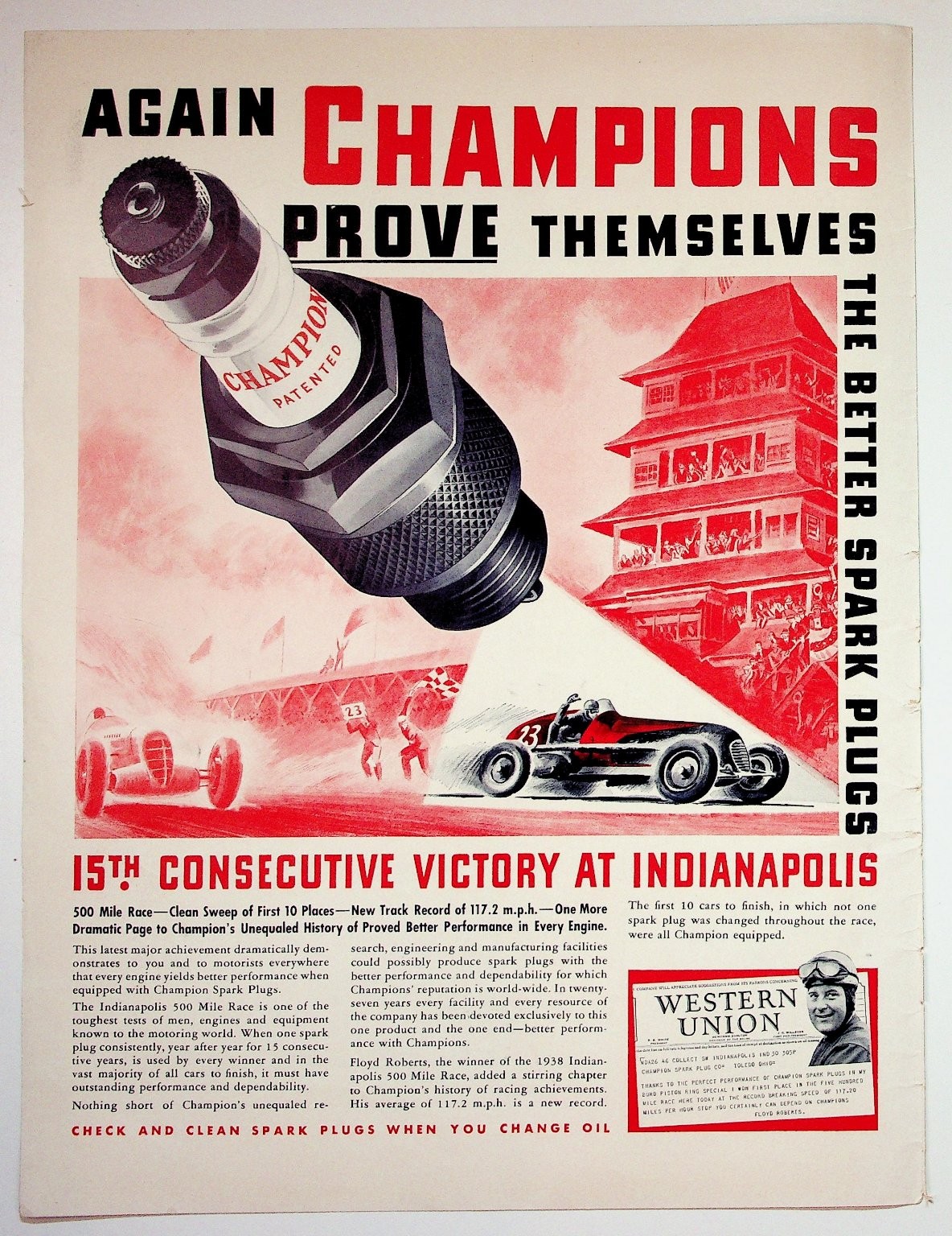 1938 Champion Spark Plug Ad Floyd Roberts Indianapolis 500 Race Ephemera 1938 Champion Spark Plug Ad Floyd Roberts Indianapolis 500 Race Ephemera