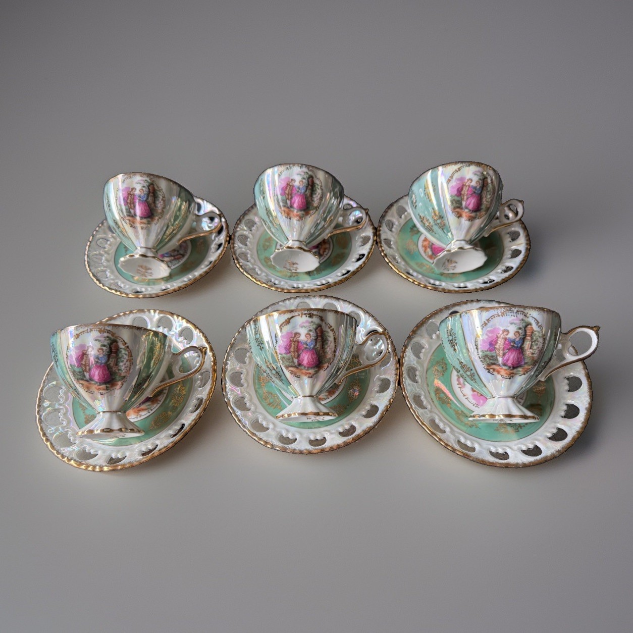Vintage Japan Lustreware Courting Couple Tea Cup & Saucer Set of 6 Reticulated 