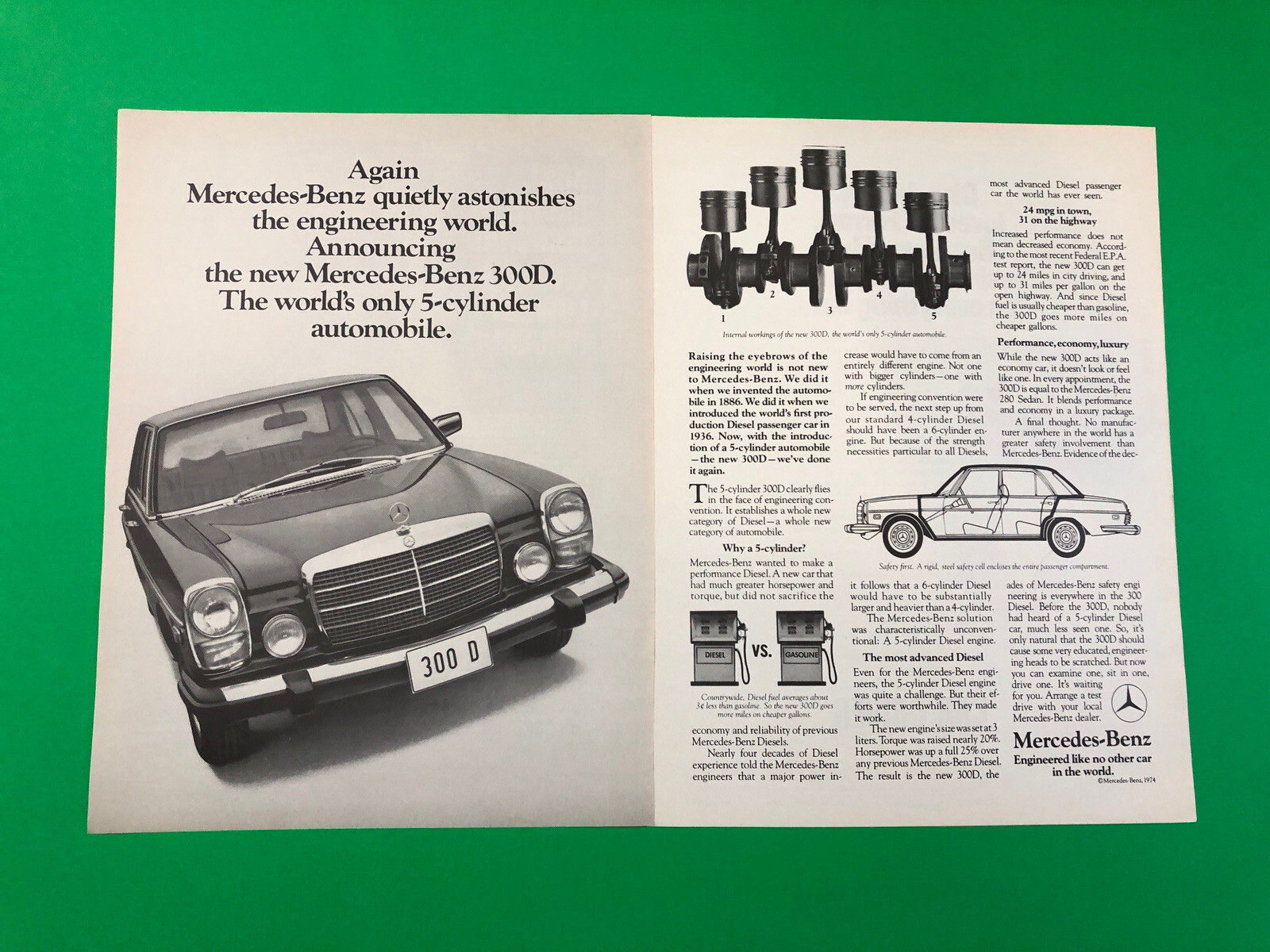 1974 MERCEDES BENZ 300D 300 D ORIGINAL VINTAGE PRINT AD ADVERTISEMENT TWO PAGE