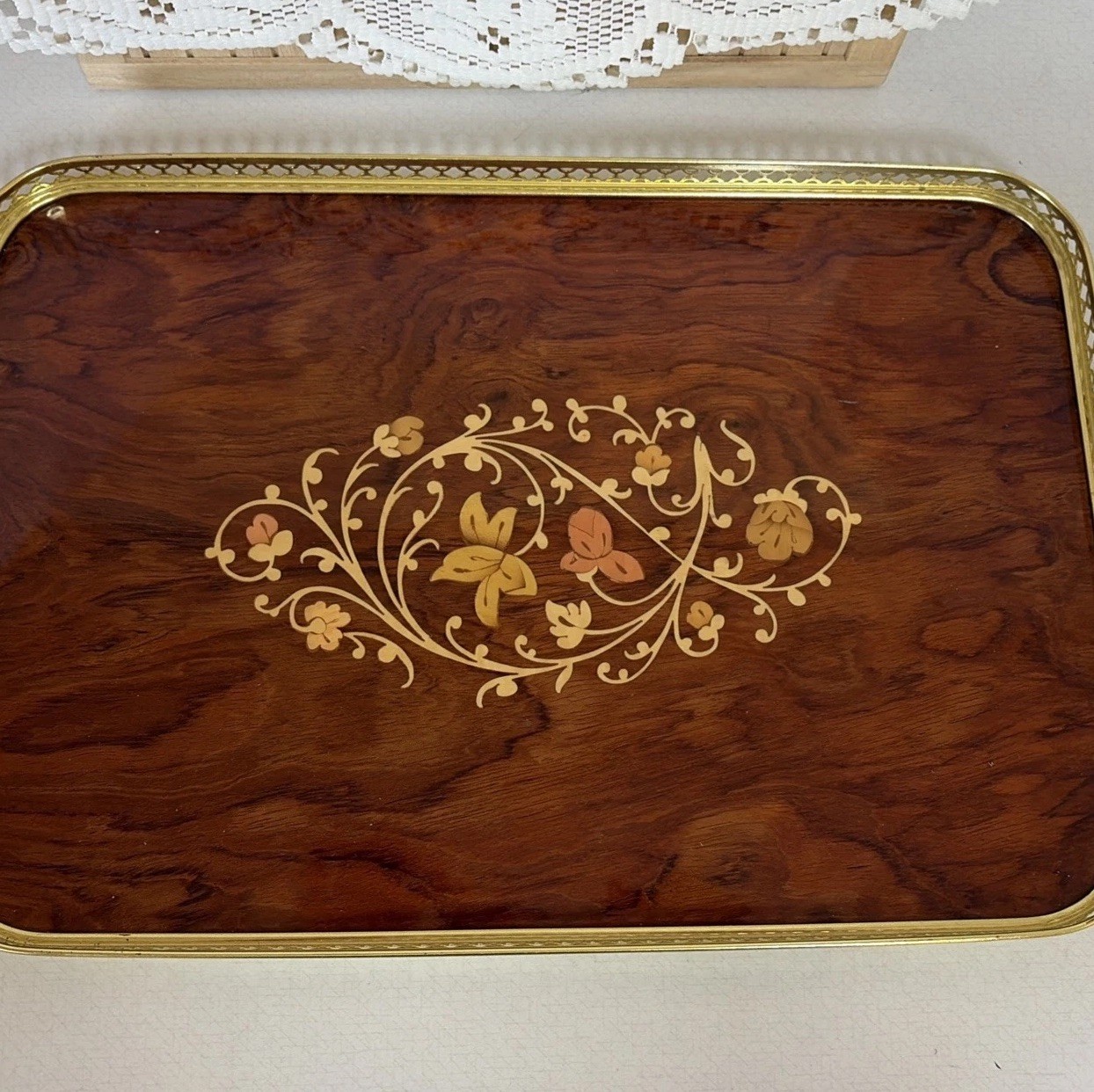 Vintage MC Italian Marquetry Sorrento Handled Serving Tray Inlaid Wood Brass Vintage MC Italian Marquetry Sorrento Handled Serving Tray Inlaid Wood Brass