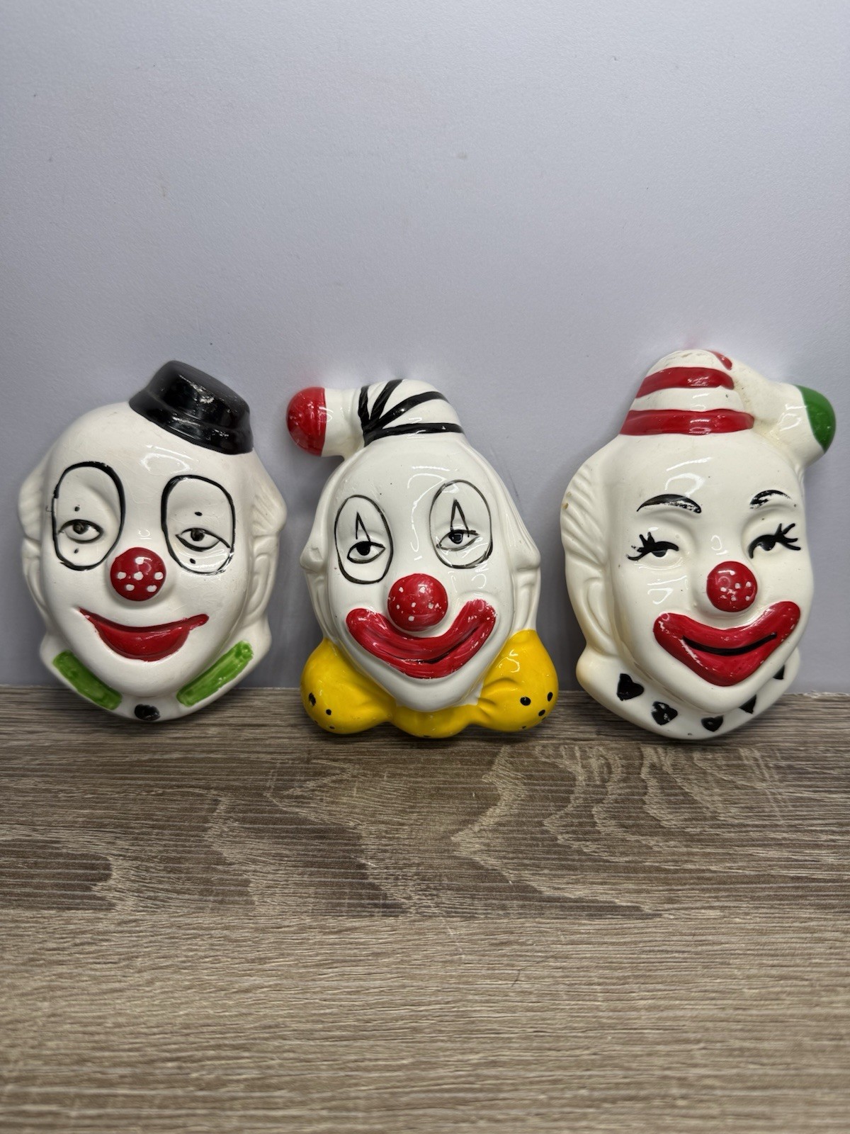 3 Vtg 80s Ceramic Hanging Sofia Ann Clown Heads Bowtie Collar Creepy Weird 3 Vtg 80s Ceramic Hanging Sofia Ann Clown Heads Bowtie Collar Creepy Weird