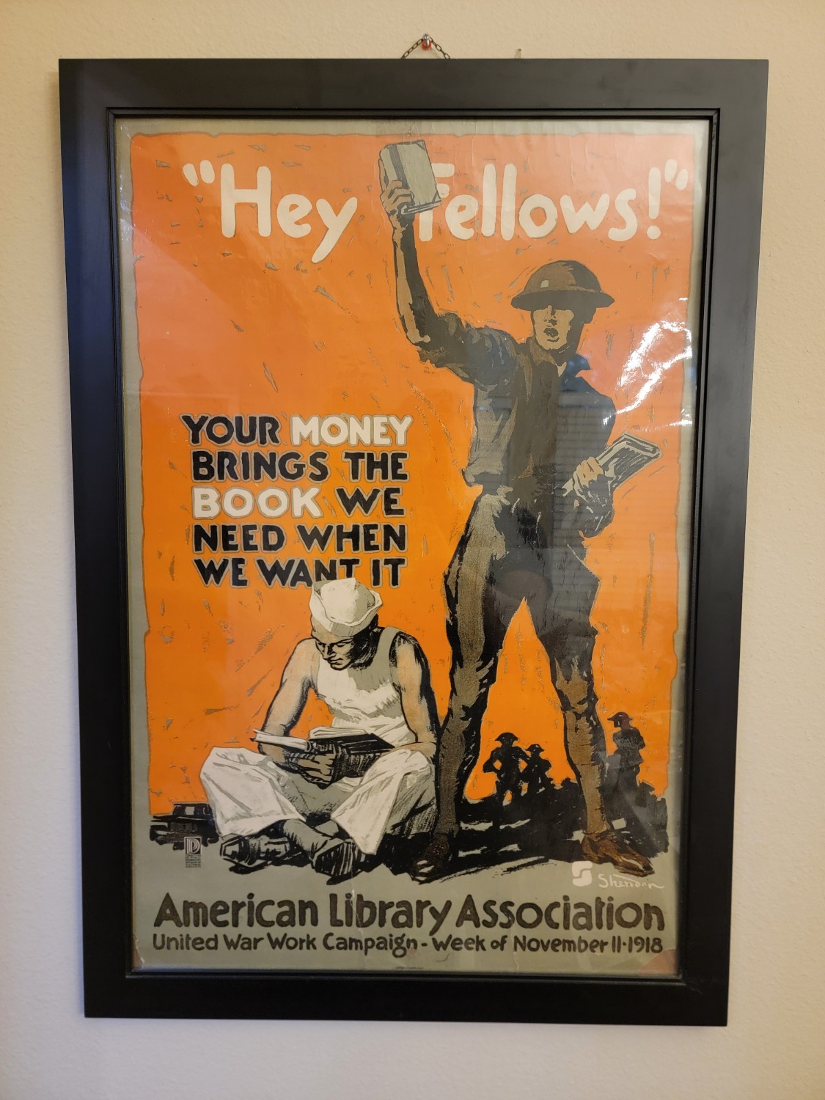 Original WWI 1918 American Library Assoc HEY FELLOWS Framed Propaganda Ad Poster Original WWI 1918 American Library Assoc HEY FELLOWS Framed Propaganda Ad Poster