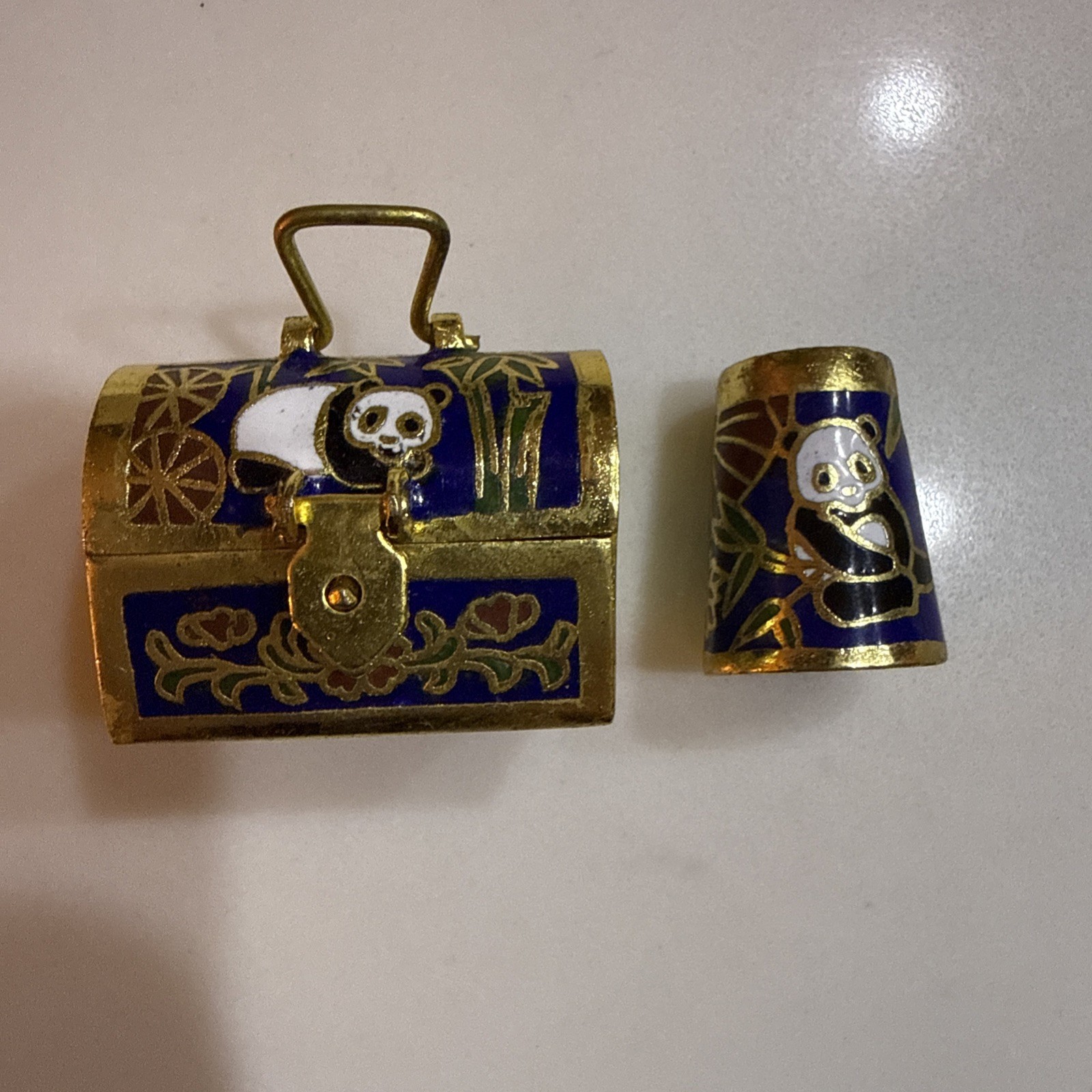 Vintage Cloisonne Enamel Panda Thimble & Matching Treasure Chest Box Blue Gold