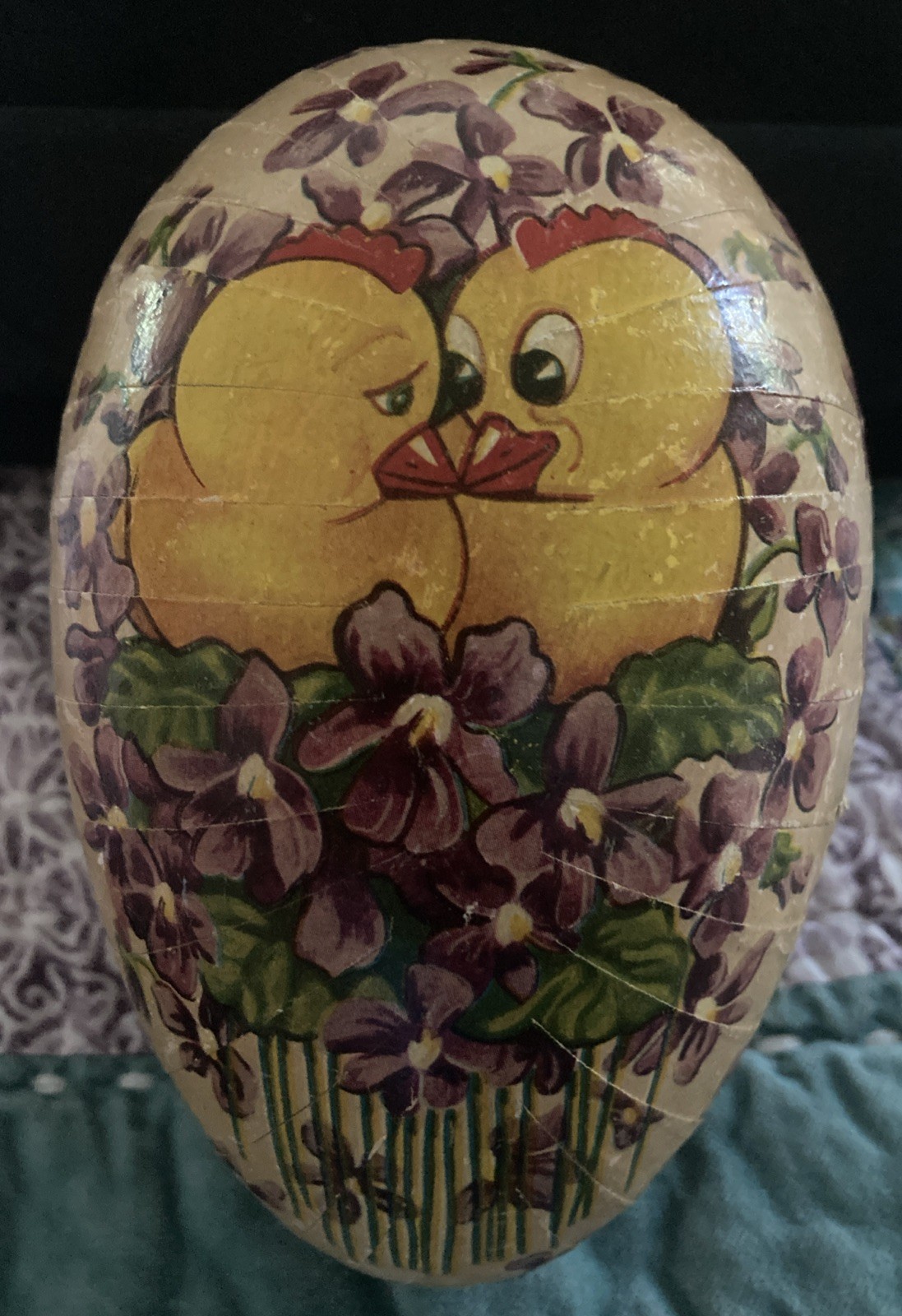 Antique German Paper Mache Egg Candy Container Easter Ducklings Vint. Violets