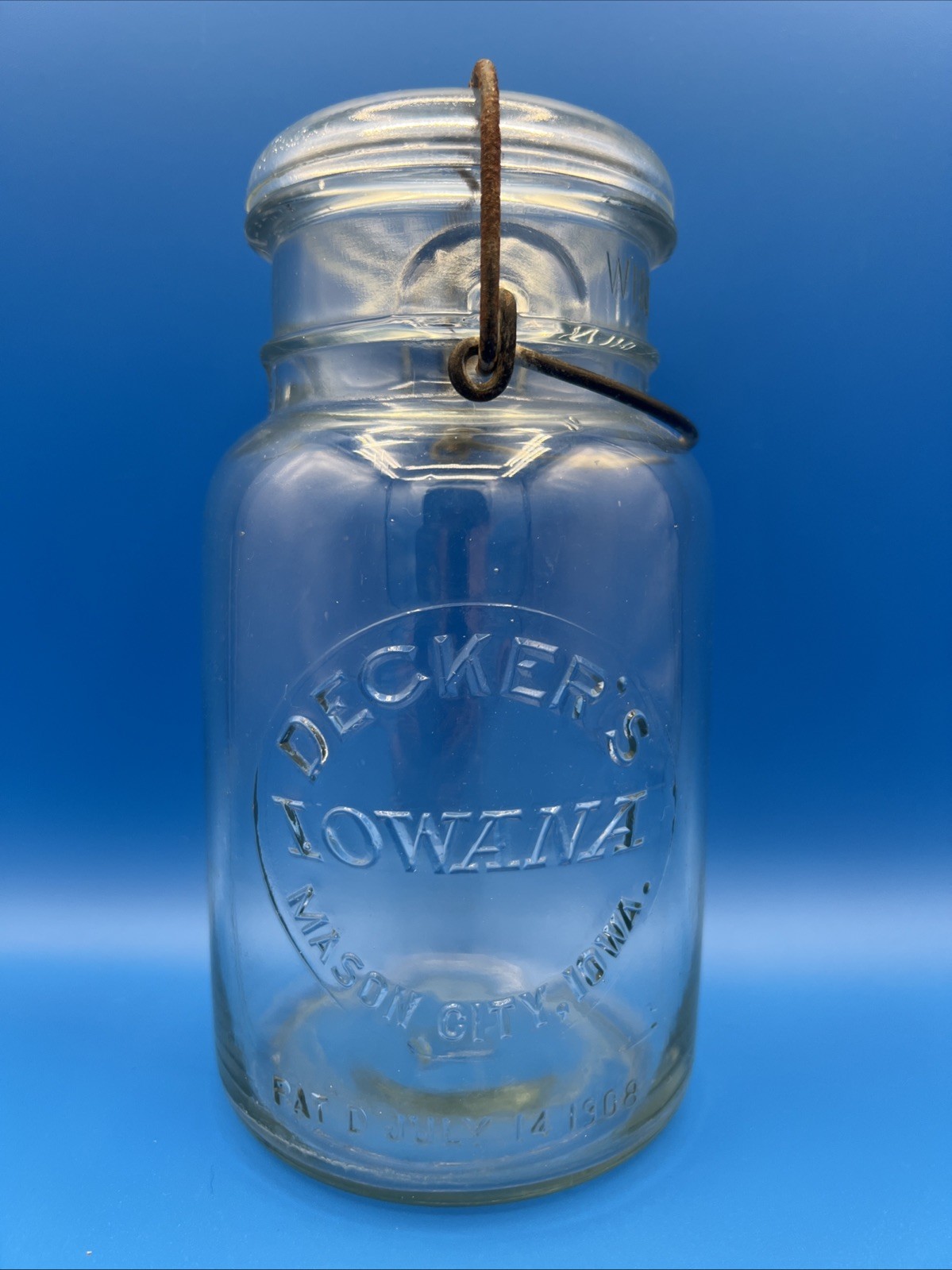 VINTAGE DECKER\'S IOWANA glass lid fruit jar, Mason City Iowa, July 14,1908 #7 VINTAGE DECKER\'S IOWANA glass lid fruit jar, Mason City Iowa, July 14,1908 #7