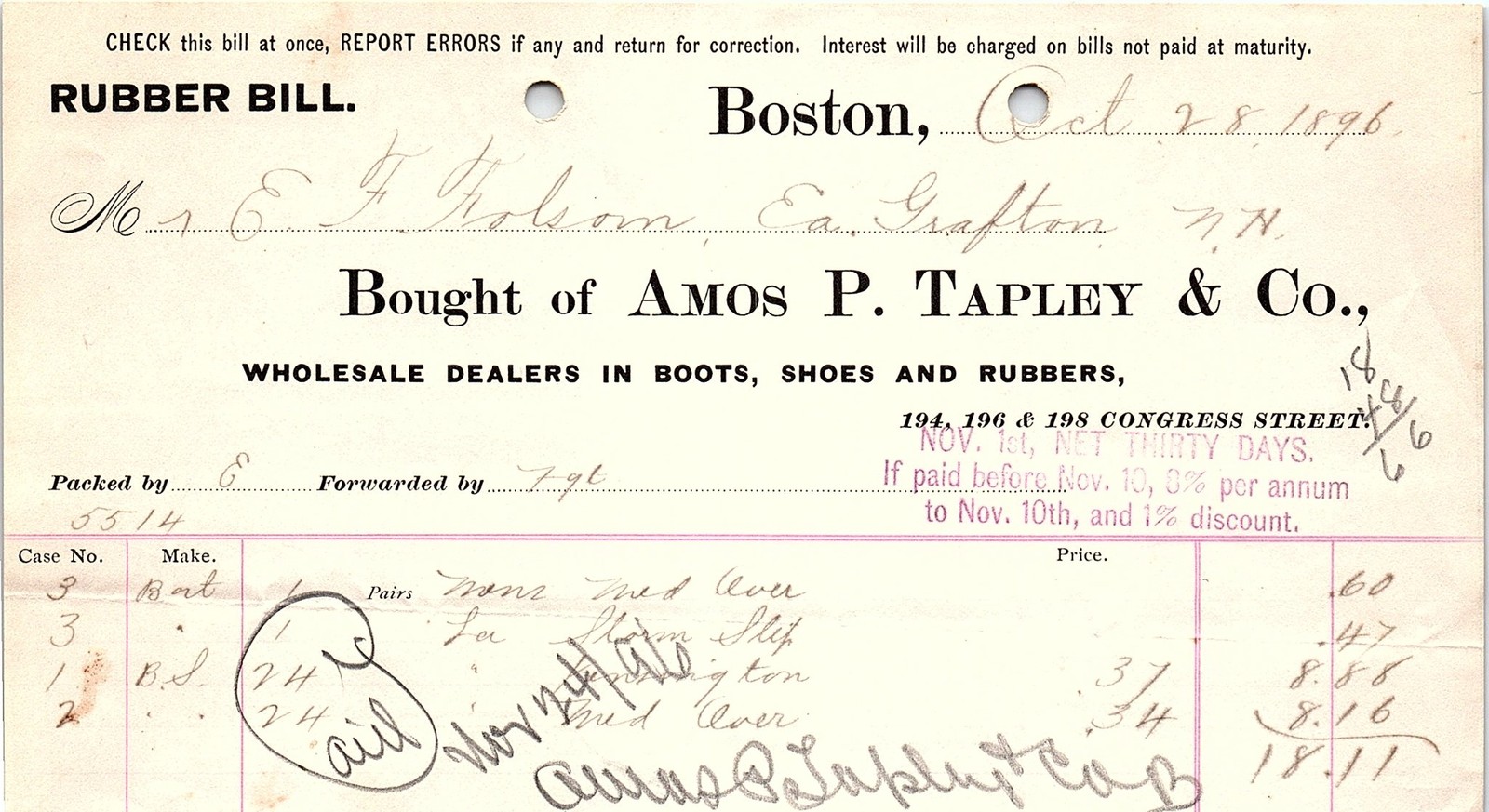 1896 Amos P. Tapley & Co. Rubber Billhead, Boston, MA 1896 Amos P. Tapley & Co. Rubber Billhead, Boston, MA